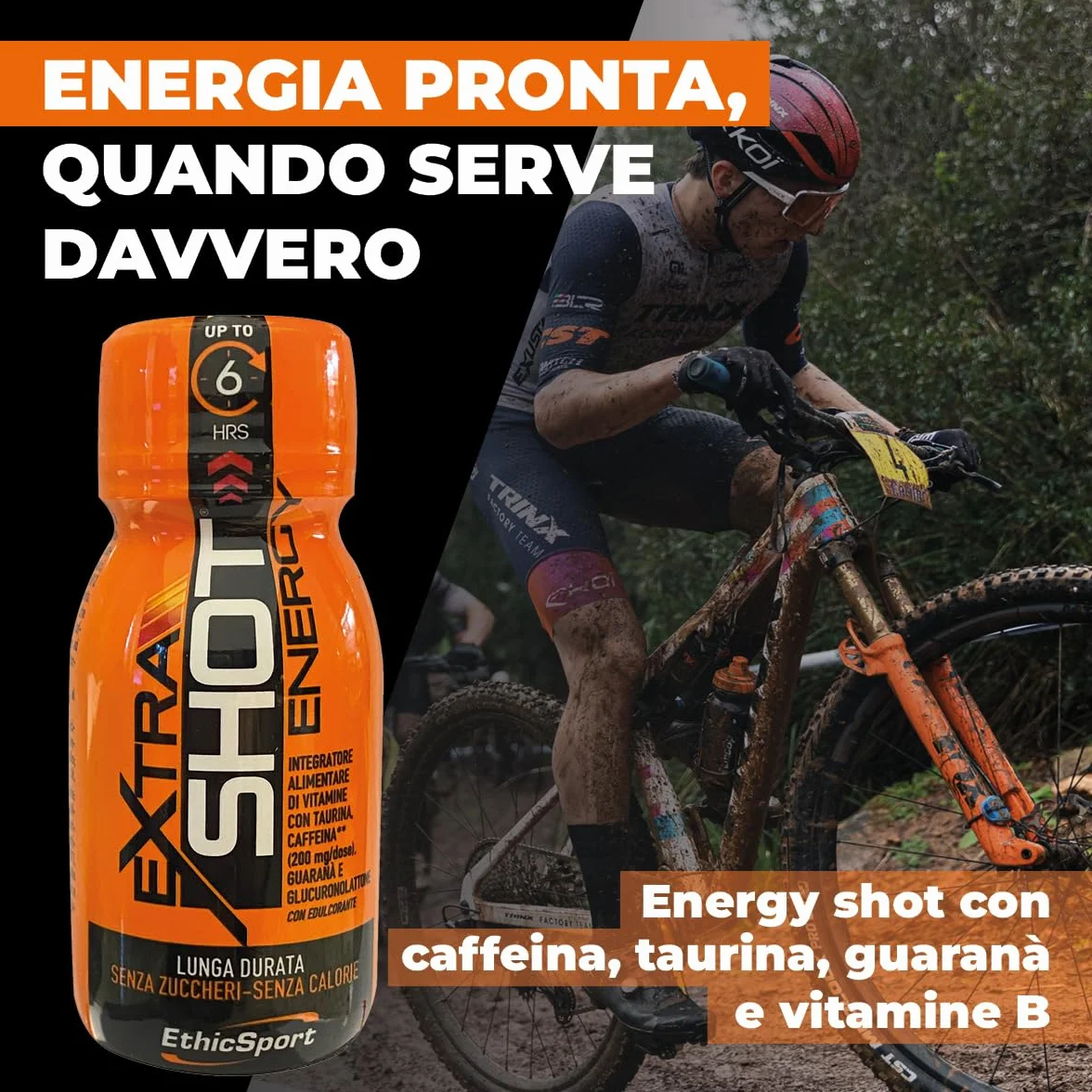 Extra Shot Energy EthicSport Energy shot Caffeina 200 mg Taurina Guaranà Vitamine B Focus concentrazione 12 flaconi 60 ml Senza zuccheri gluten free