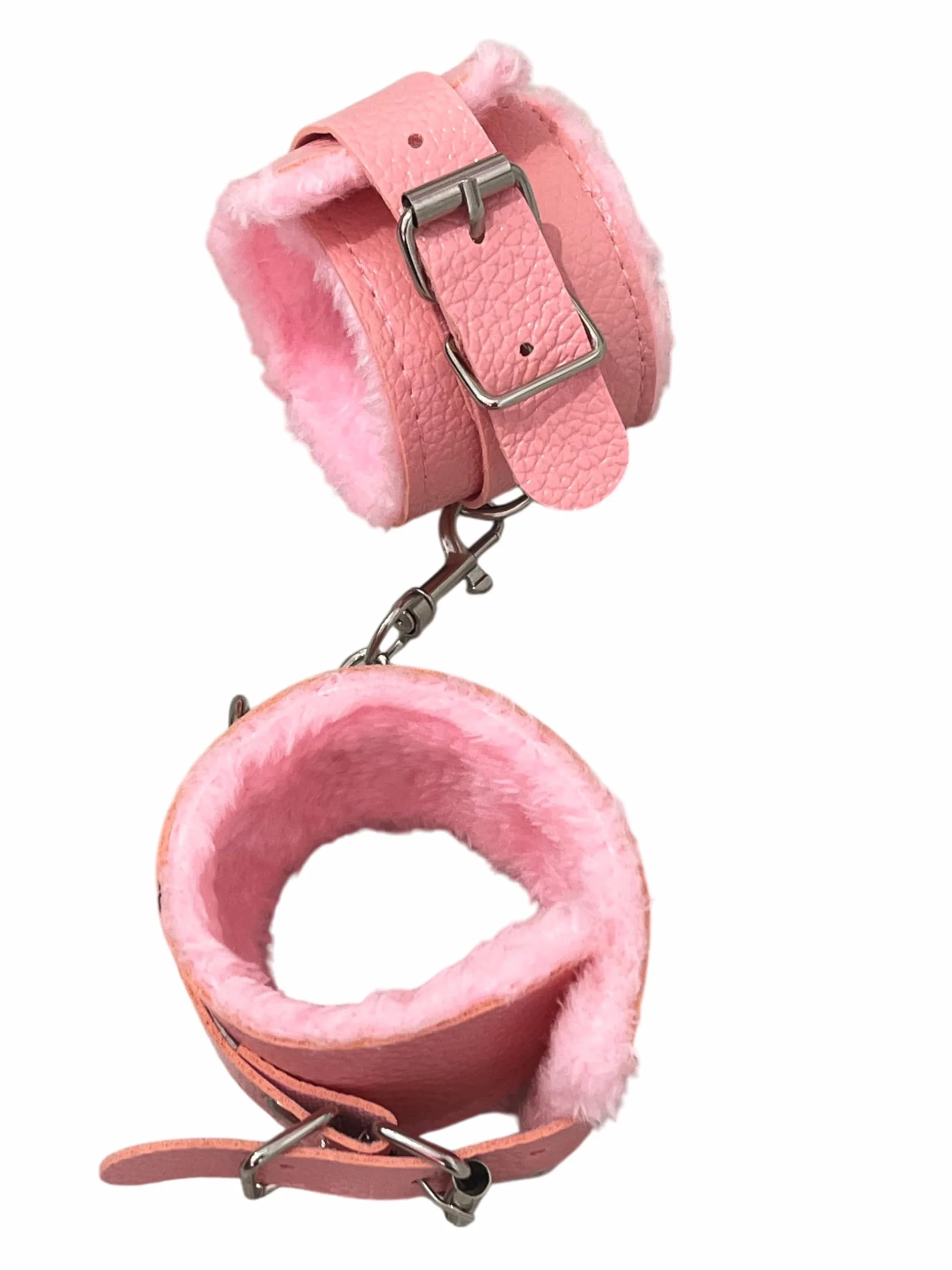 Manette in Pelle con Peluche Rosa e Moschettone - Polsiere in Ecopelle - Manette Pelose Finte Giocattolo