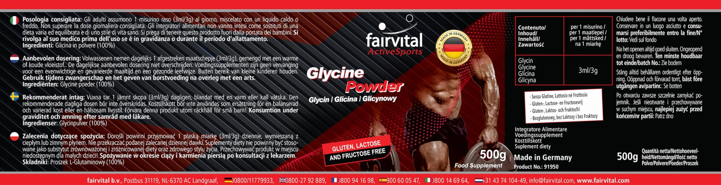 fairvital Glicina in polvere, 500 g, VEGANA, aminoacido, glicina in polvere pura al 100% senza additivi