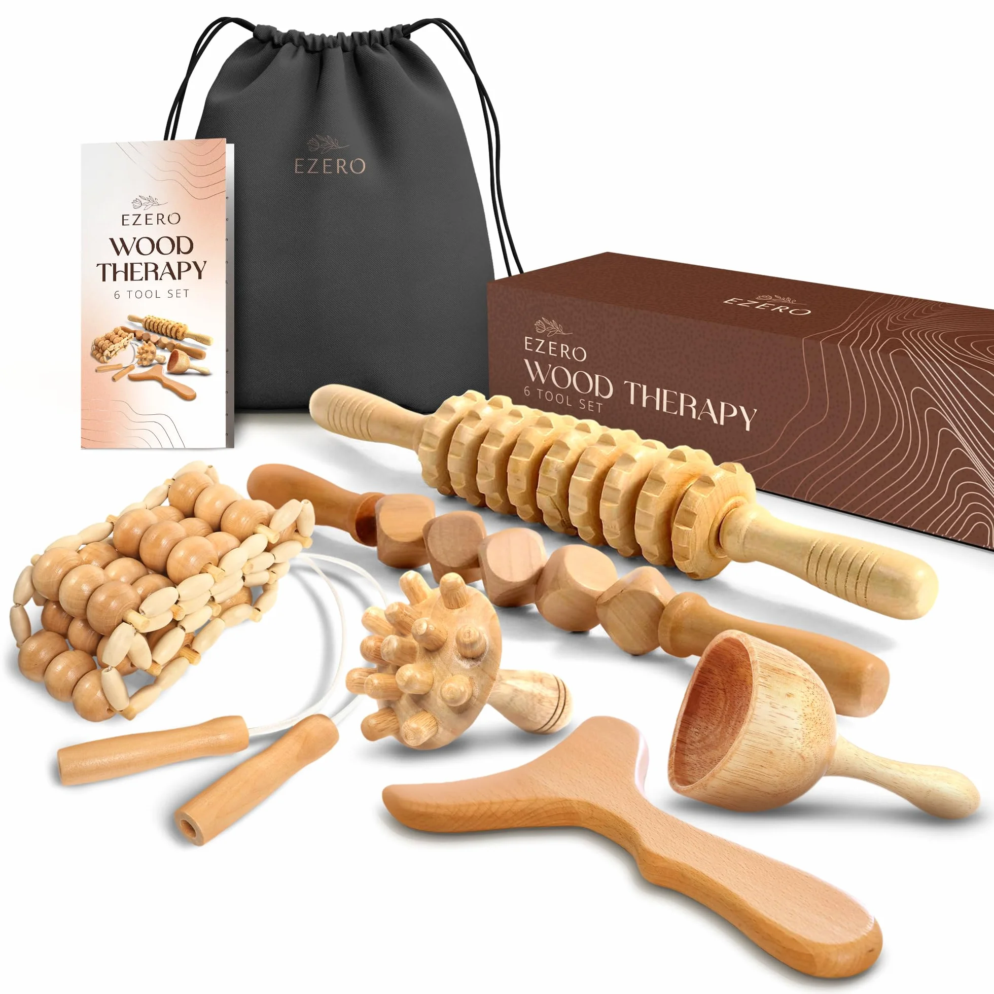 Ezero Maderoterapia Kit Legno 6 pezzi con Borsa e Manuale - Maderoterapia Rullo con Guasha Massaggio Corpo e Rullo Massaggio Cellulite con Accessori - Massaggiatore Anticellulite