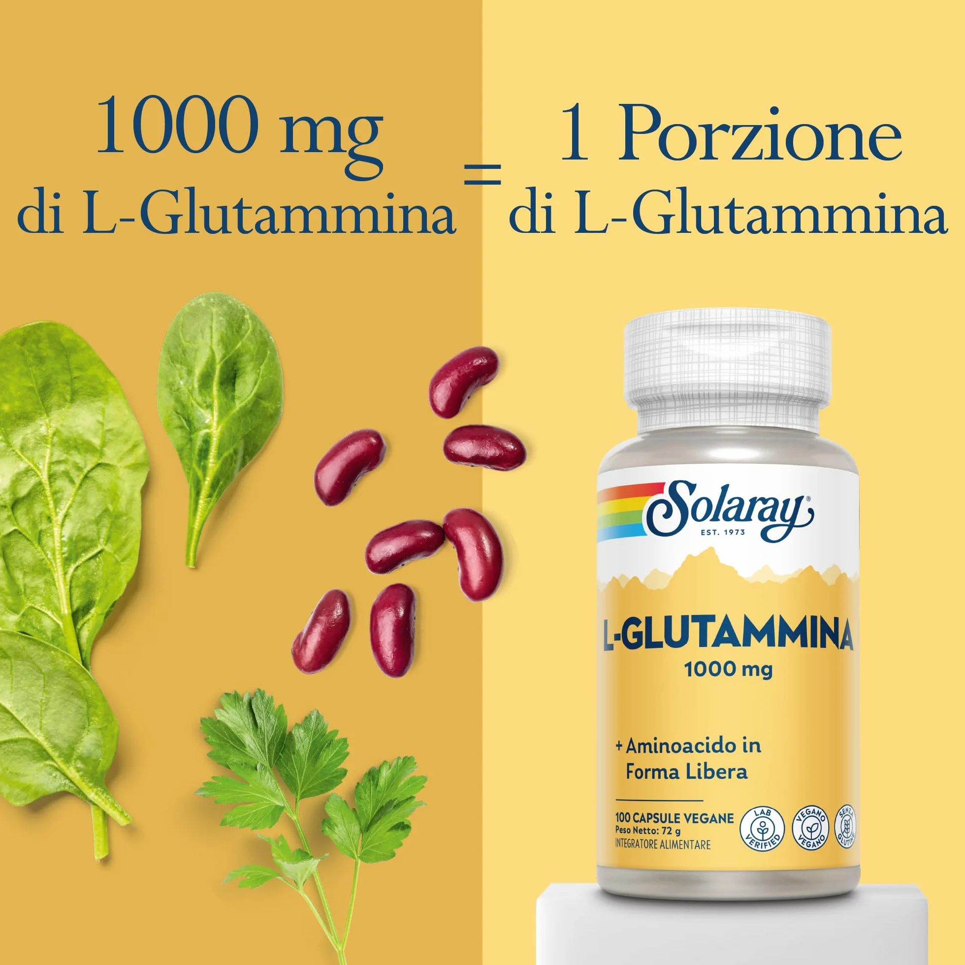 Solaray Glutammina 1000mg - 100 Capsule Vegane - 500mg di L-Glutammina per Capsula - Aminoacido di Alta Qualità - Integratore Pre Allenamento - Testata in Laboratorio