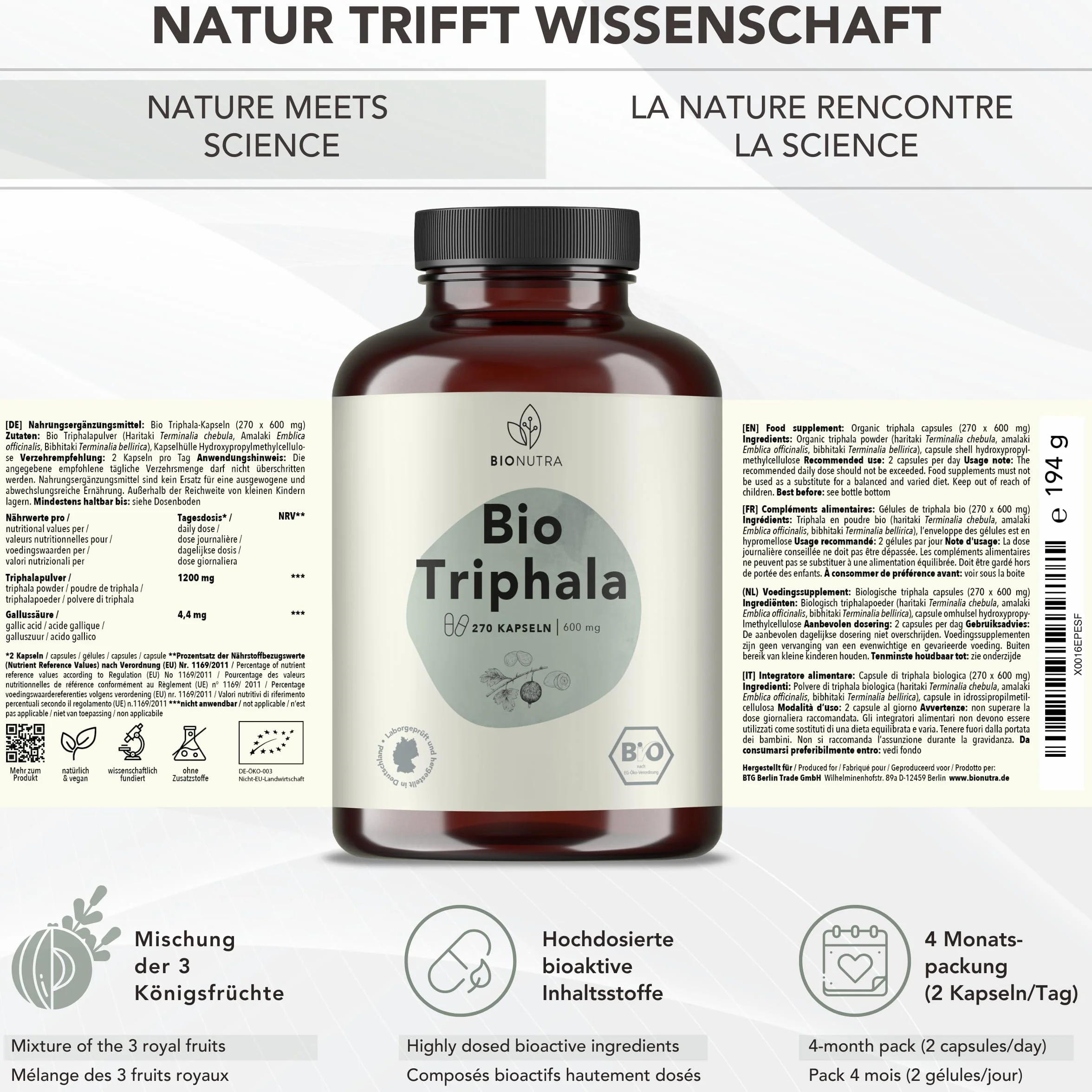 BIONUTRA® Capsule Triphala bio alto dosaggio, 1200 mg/giorno, controllo residui, produzione tedesca, vegane, senza lattosio né glutine, senza additivi, polvere Triphala bio, 270 x 600 mg