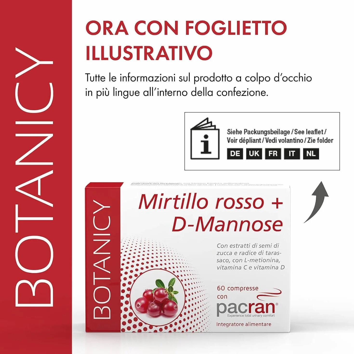 Botanicy MIRTILLO ROSSO + D-MANNOSIO - 60 compresse - supporta vescica & vie urinarie - pacran® polvere di mirtillo rosso, vitamina C e D3, estratto di semi di zucca & radice di tarassaco