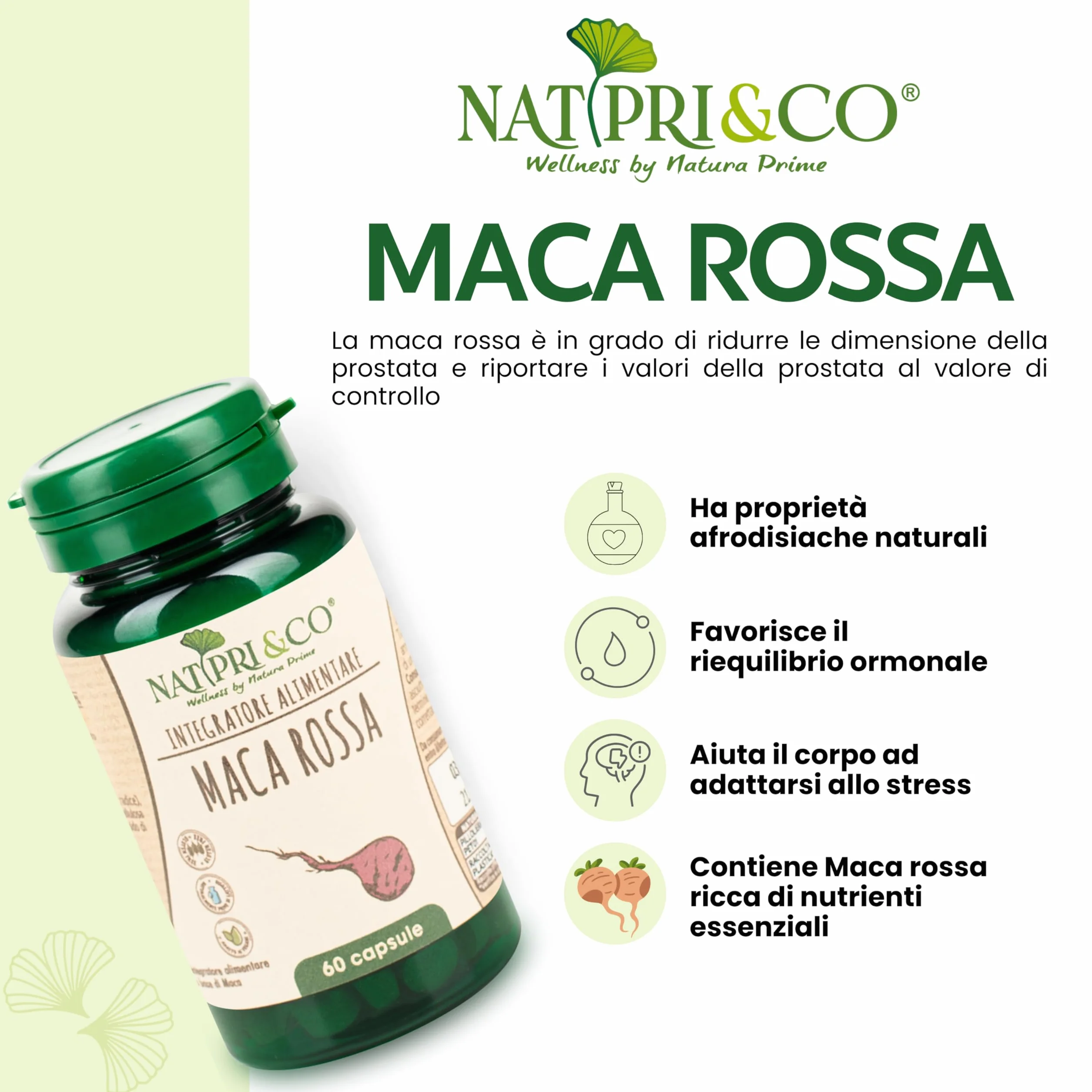 Natura Prime - Maca Rossa - Radice Energizzante, Migliora L'Equilibrio Ormonale Per Uomo E Donna - 60 Capsule - Vegano, Senza Glutine E Senza Lattosio
