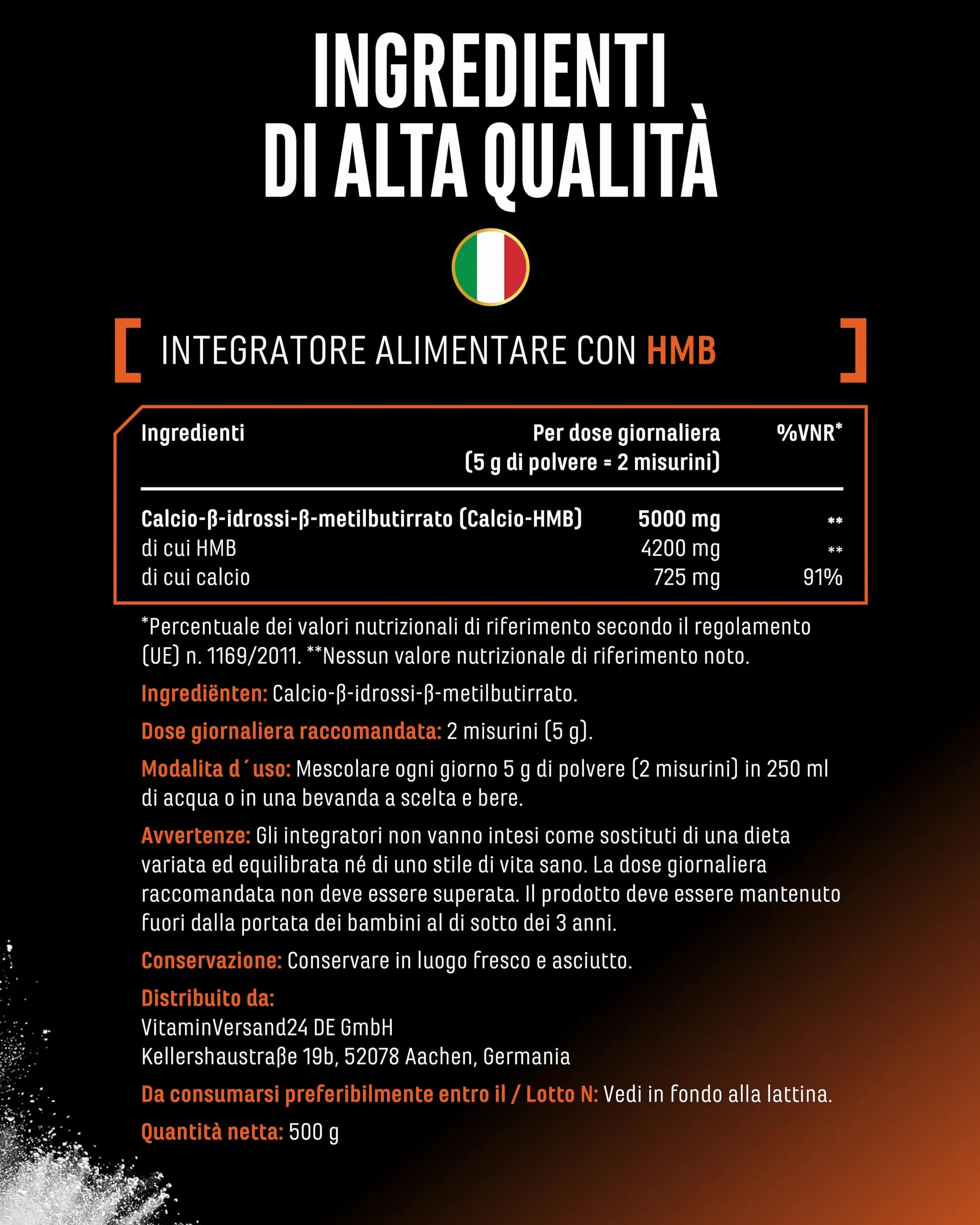 HMB in Polvere 500 g - Calcio-HMB ad alta purezza - Beta-Idrossi-Beta-Metilbutirrato - 100 Porzioni - Senza additivi, Vegano