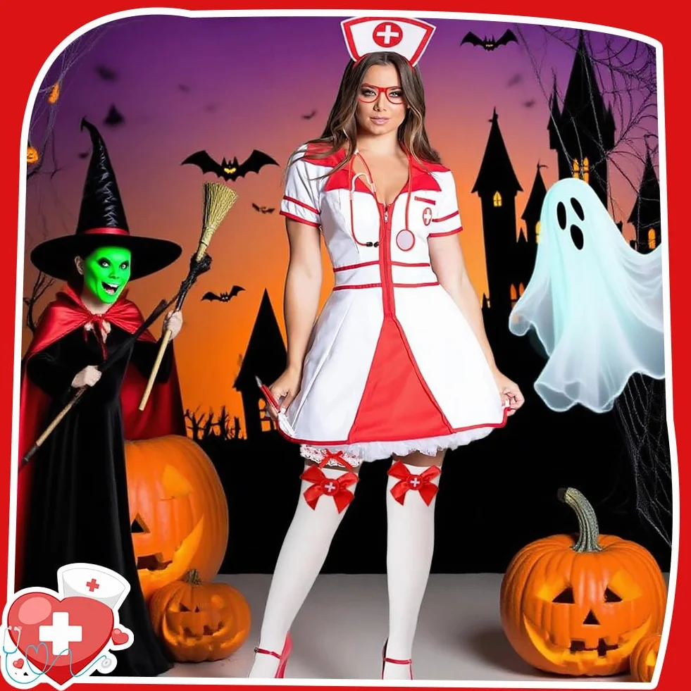 Costume infermiera Halloween Set con cappello, stetoscopio, giarrettiera, calze rosse e penna siringa