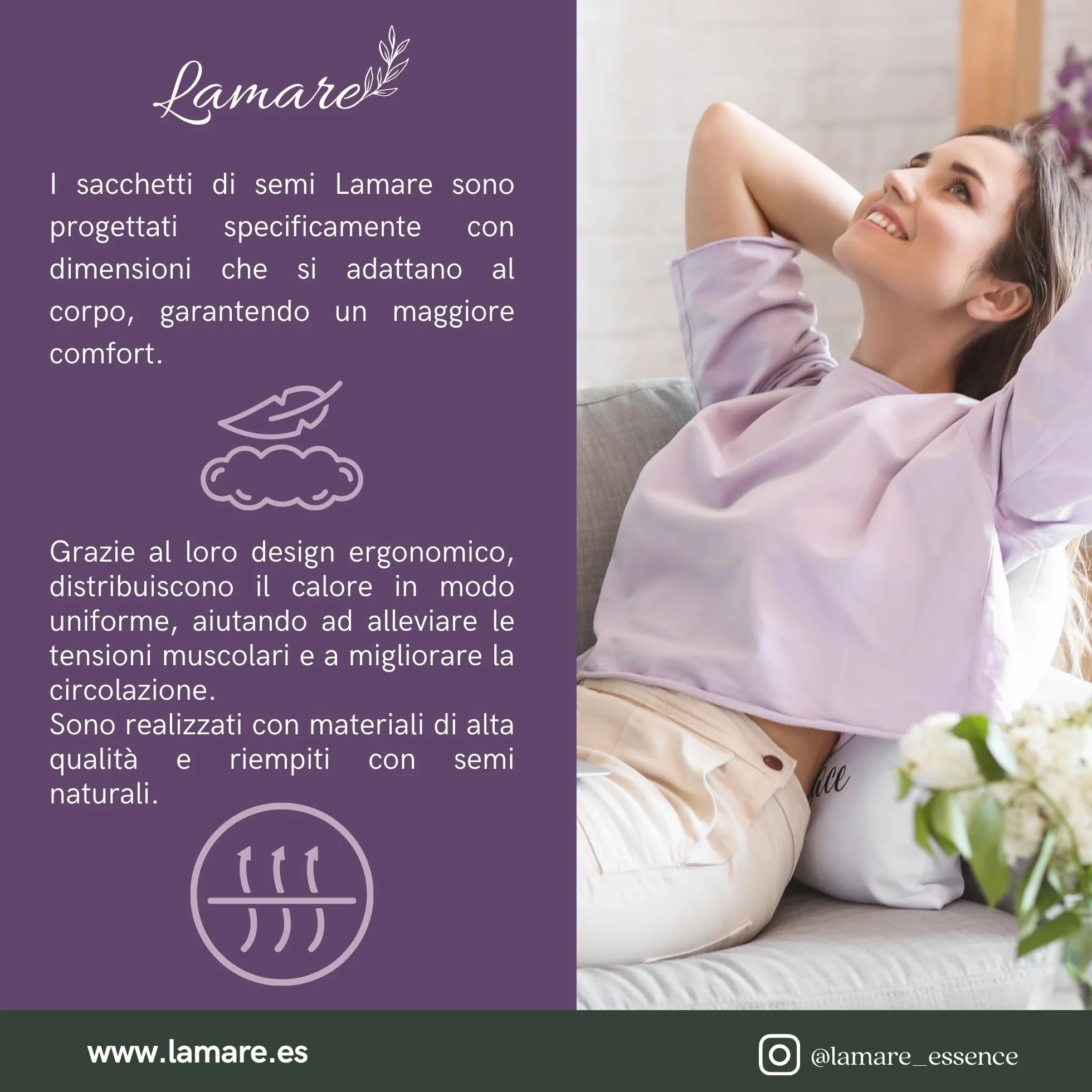 Lamare - Cuscino termico con semi di grano ecologico e lavanda, 48 x 15 cm, rivestimento lavabile 100% cotone, per cervicale e coliche, terapie a freddo e caldo, Lavanda stampata