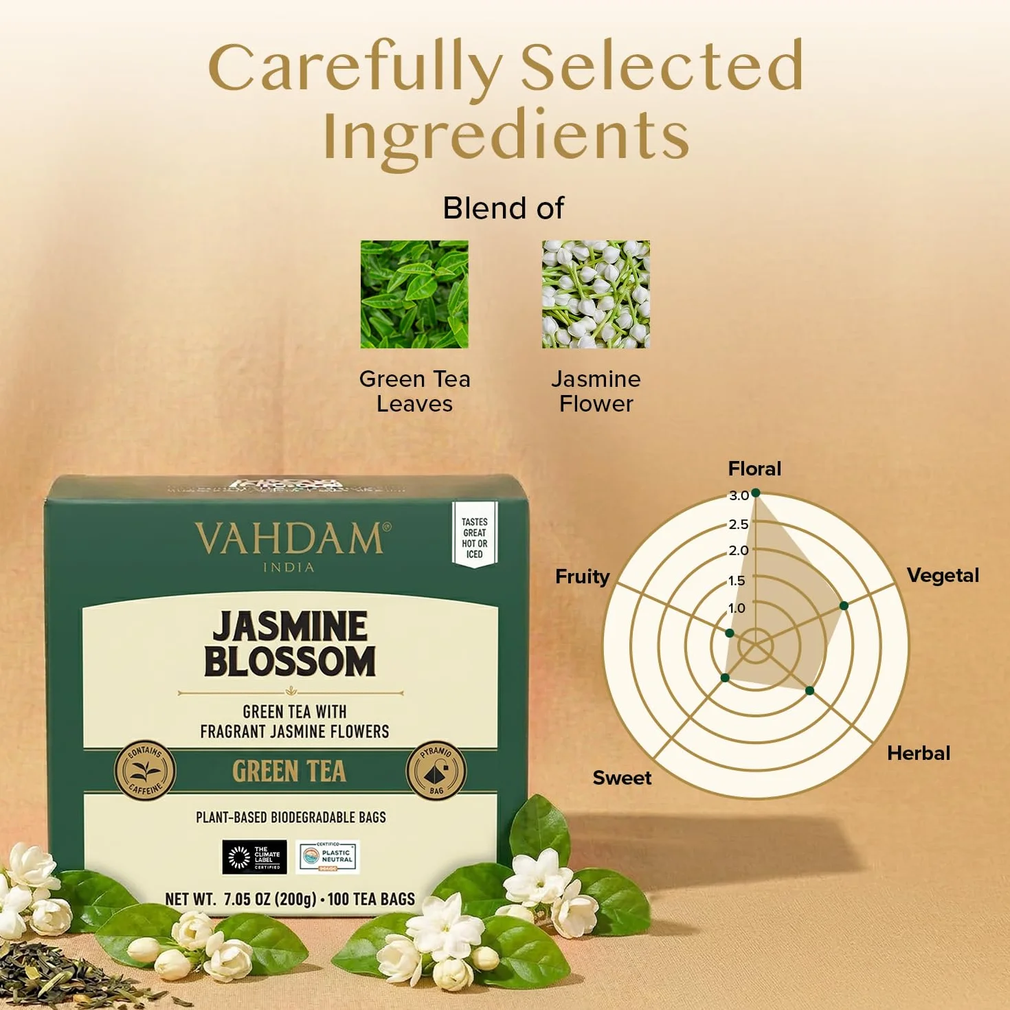 VAHDAM, Tè Verde al Gelsomino (100 Bustine) | Medio Tenore di Caffeina | Te Verde in Foglie di Alta Quota con Fiori di Gelsomino | In Bustina Richiudibile con Chiusura Ermetica