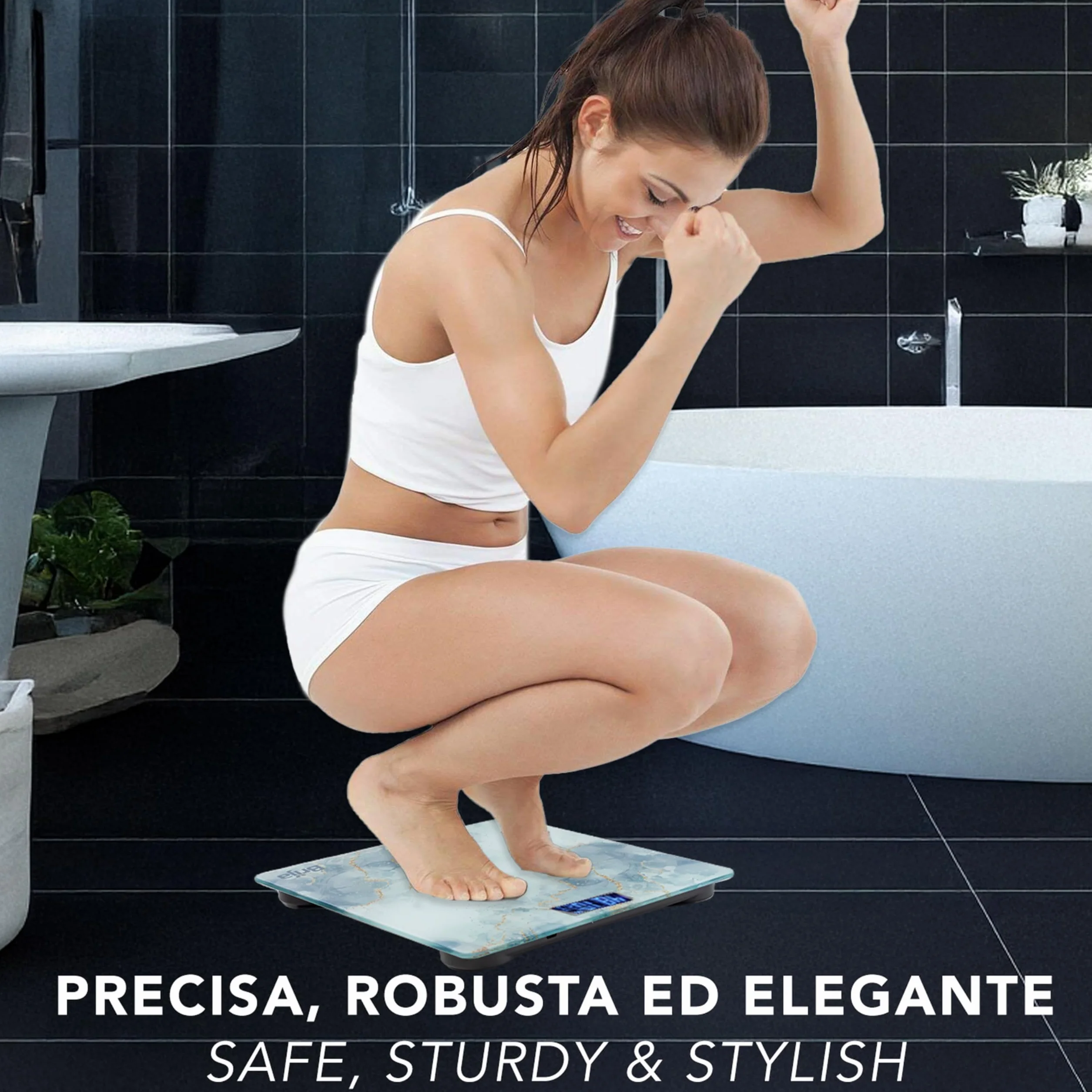 IPEA Bilancia Pesapersone Digitale Ultra Sottile Tecnologia STEP ON Massima Precisione Peso Effetto Marmo Vetro Temperato Display 0,1 KG Max 180Kg