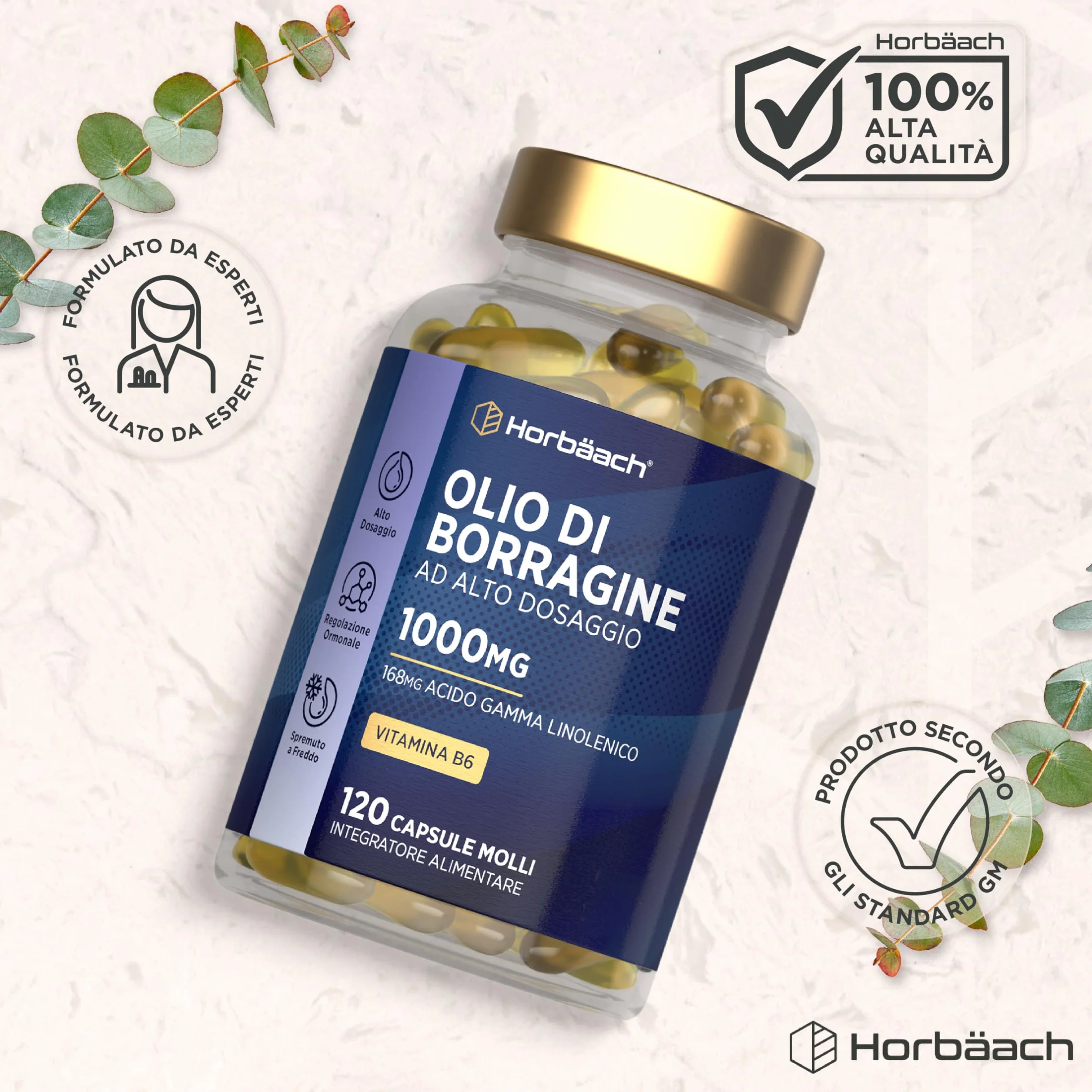 Olio di Borragine 1000mg Horbaach 120 Perle con Vitamina B6 e Acido Gamma Linoleico GLA
