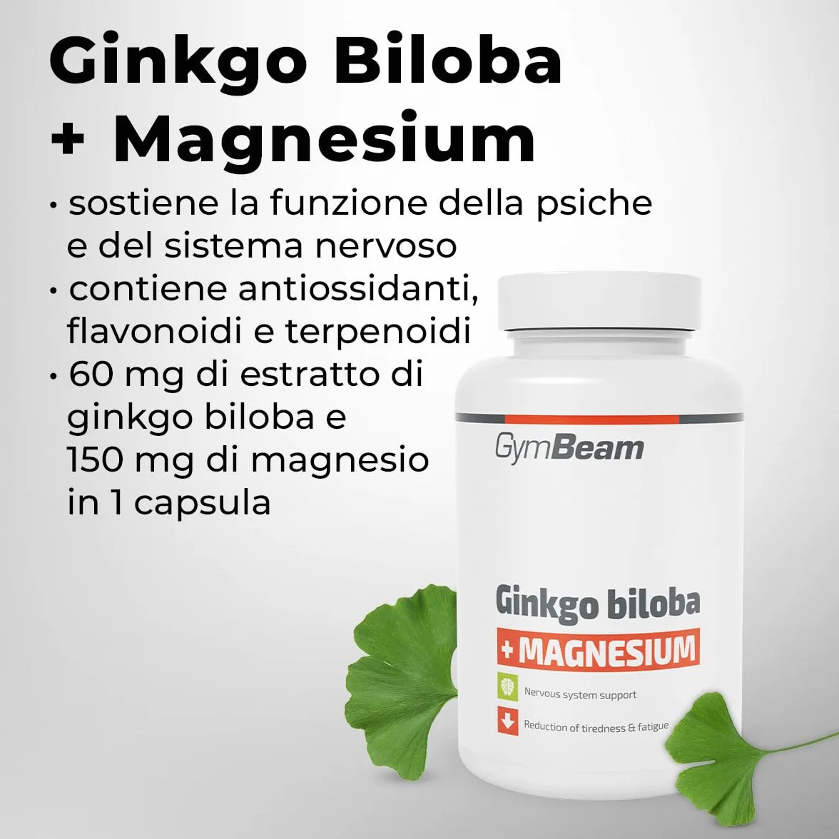 GymBeam Ginkgo Biloba e Magnesio Integratore 90 capsule 60mg Ginkgo Biloba 150mg Magnesio