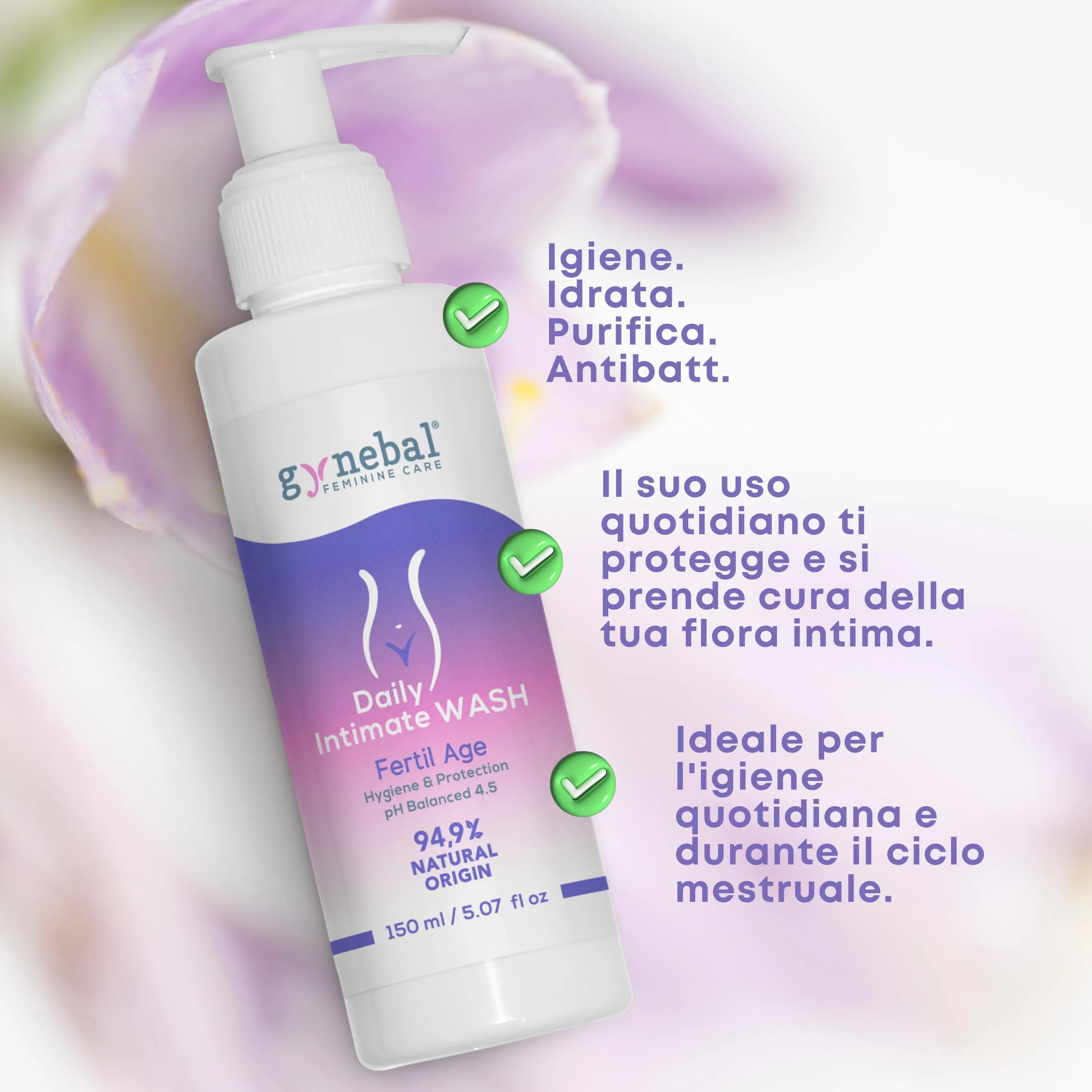 GYNEBAL detergente intimo donna tea tree oil PH 4,5 complesso prebiotico età fertile 150 ml