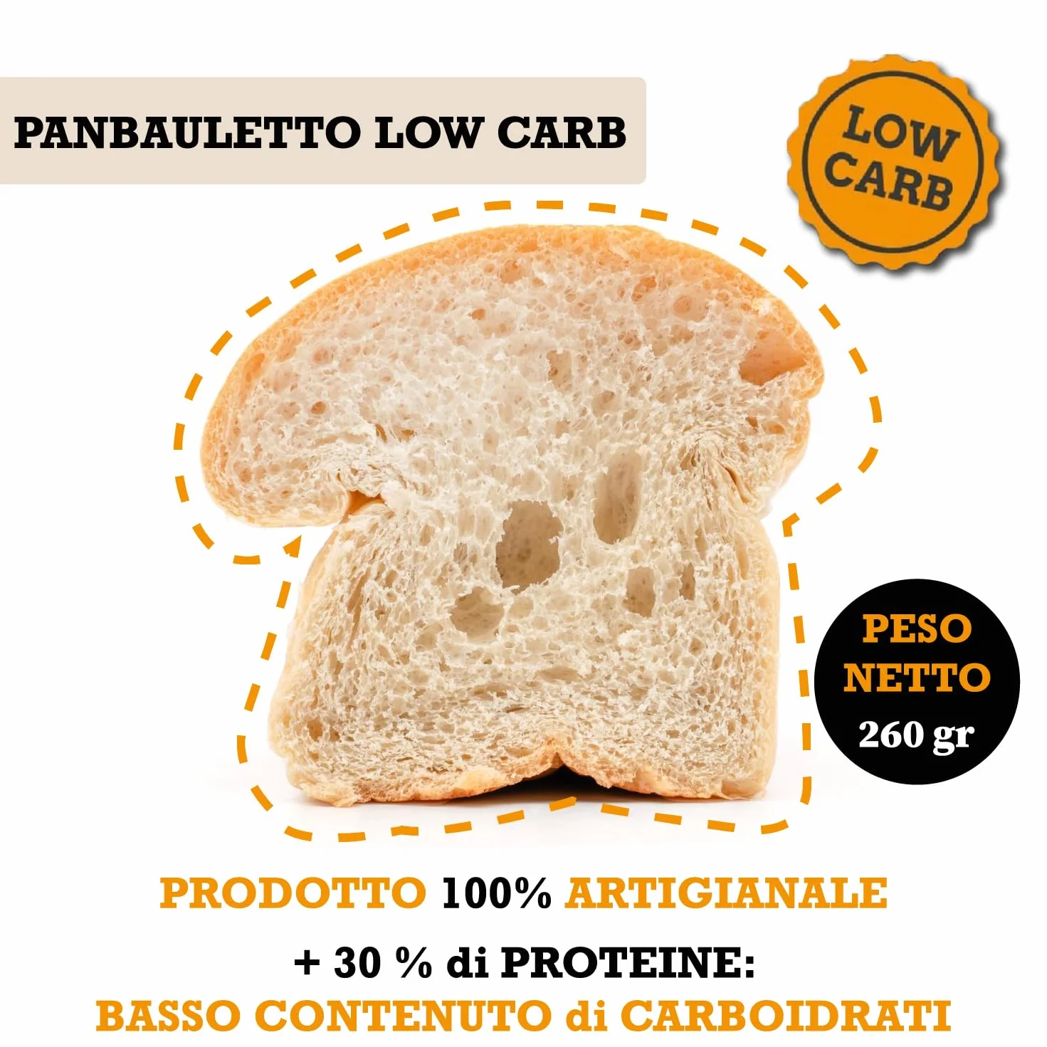 Bolle di pasta® Pan Bauletto Low Carb – Pane Artigianale e Naturale, +30% Proteine, Solo 2,4g Carboidrati – Adatto a Diete Keto, Iperproteiche, Diabetiche – Confezione da 260g (1 o 3 Pezzi) (1 Unità)