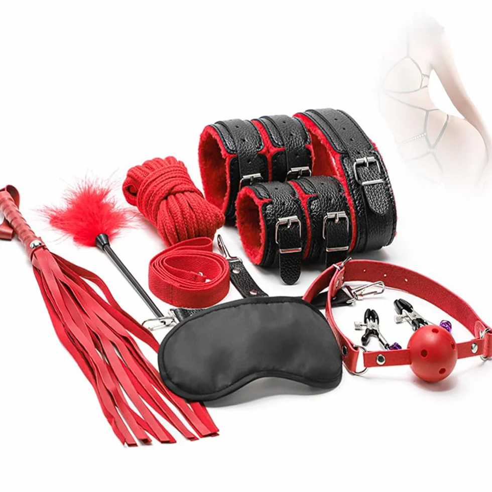 Set da gioco di ruolo per coppie, accessori regolabili, set da dieci pezzi in pelle - per la camera da letto, per aggiungere divertimento a uomini e donne - rosso e nero