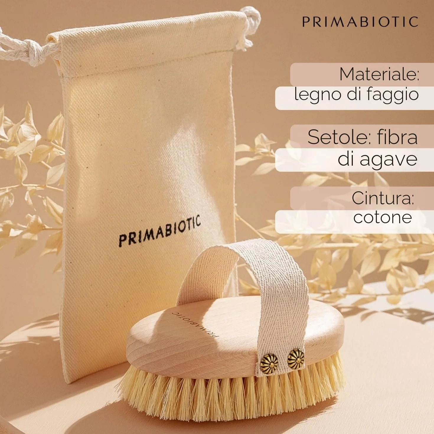 Spazzola per Massaggio Corpo - Primabiotic in Legno di Faggio e Fibre di Agave | Prodotto Ecologico con Custodia | Ideale per Spazzolatura a Secco e Cellulite