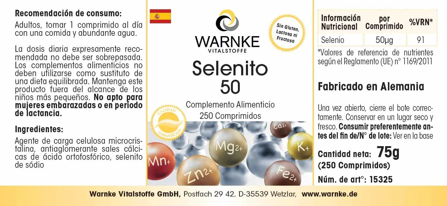Selenio 50 mcg integratore di sodio - Ottenuto da selenio - Sostanza pura - 250 compresse | Warnke Vitalstoffe - Qualità da farmacia tedesca