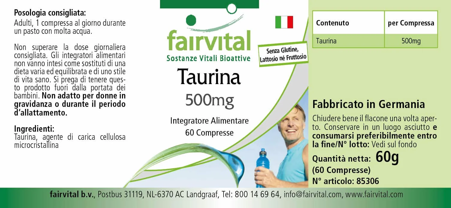 fairvital Taurina 500 mg, 60 compresse, ad alto dosaggio con 500 mg per compressa, VEGANO
