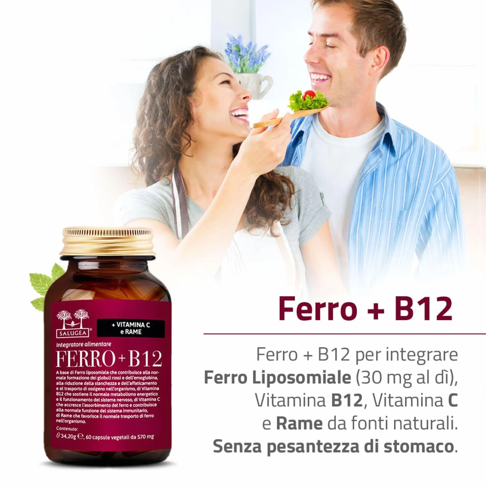 Salugea FERRO + B12 Salugea - Integratore 100% Naturale - Con Ferro liposomiale, Vitamina B12, Rosa Canina (Vitamina C) e Rame - 60 Capsule Vegetali in Flacone in vetro scuro farmaceutico