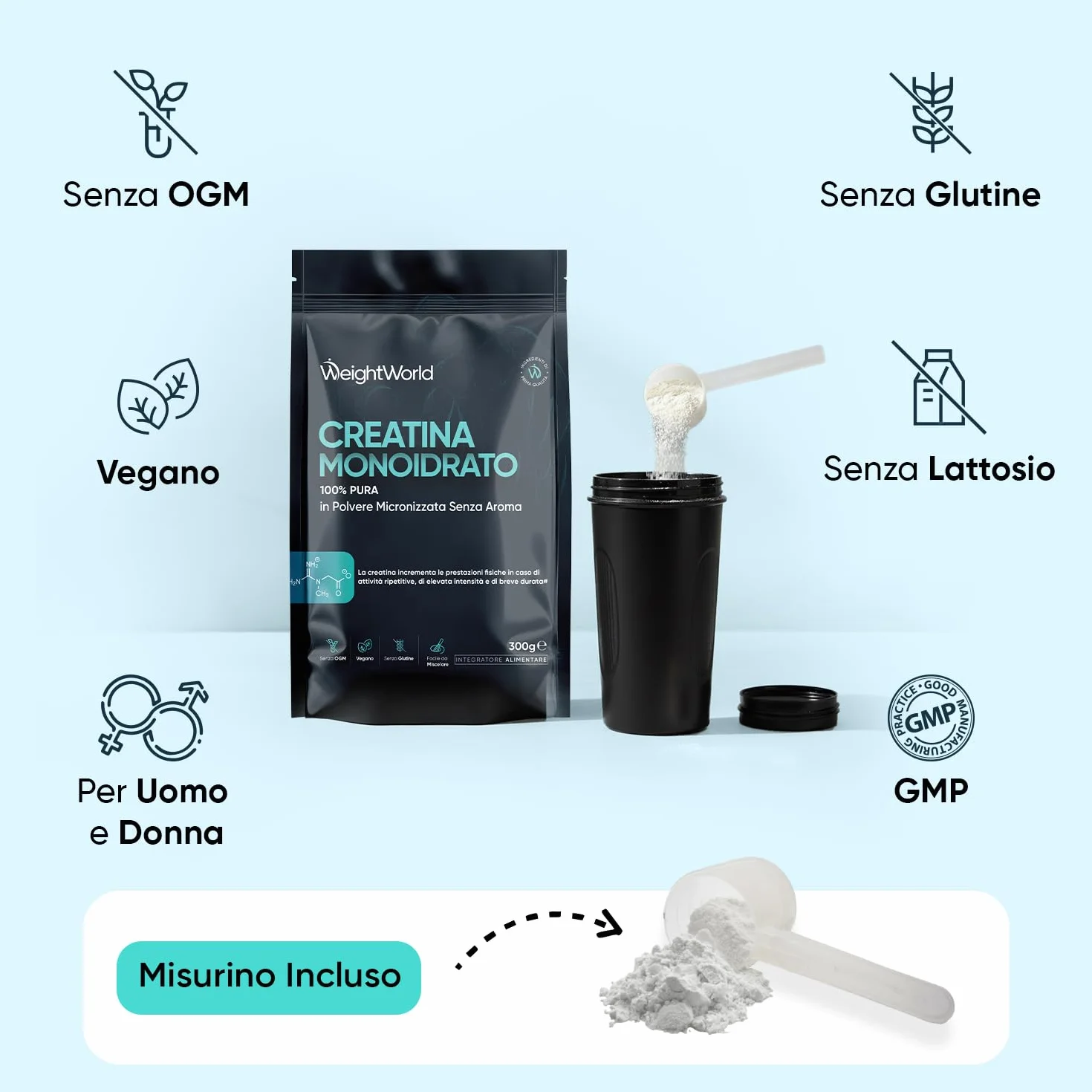 Creatina Monoidrata in Polvere 100% Pura, Vegana, 100 Dosi, 300g, Micronizzata, Pre Intra Post Workout