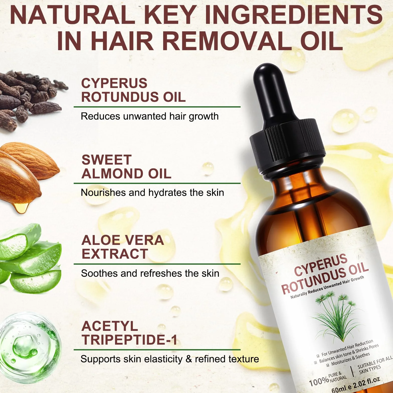 Olio di Cyperus Rotundus, Olio per rimozione dei peli Cyperus Rotundus 120ML – Ripara con peptidi, riduce la crescita dei peli e perfeziona i pori | Bloccante naturale del DHT per una pelle