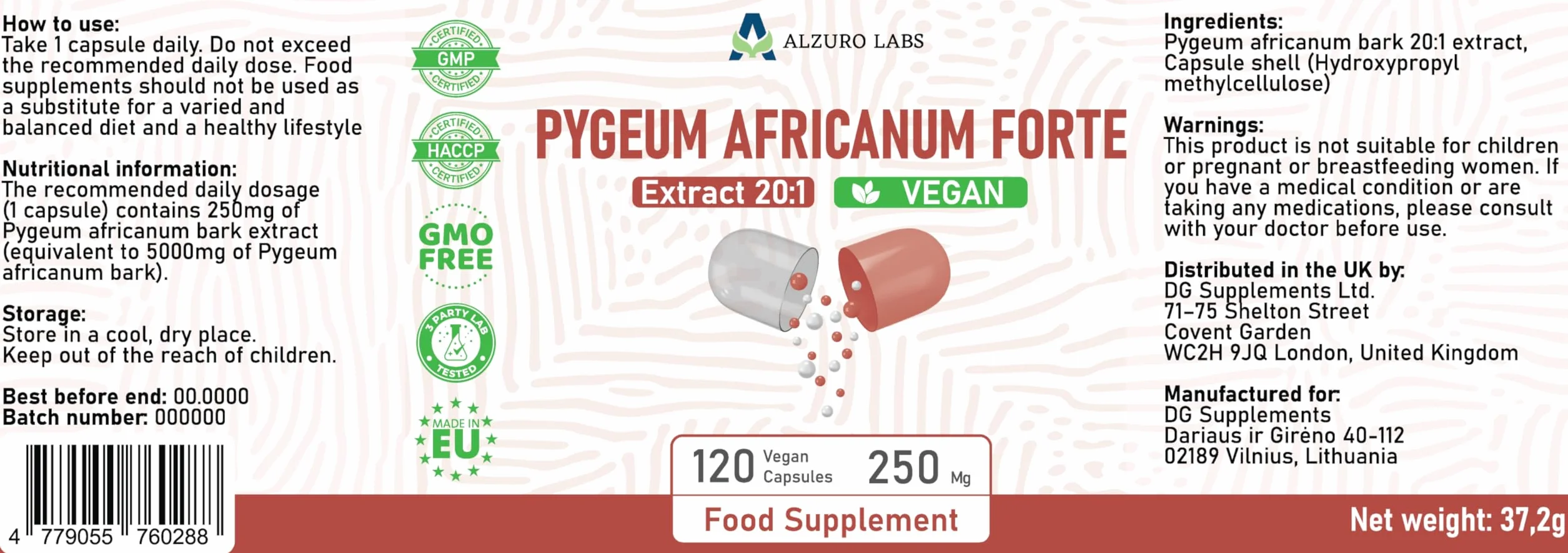Pygeum africanum 5.000 mg Equivalente estratto di corteccia 20:1 250 mg 13% fitosteroli 120 Capsule Vegane Prunus africana GMP