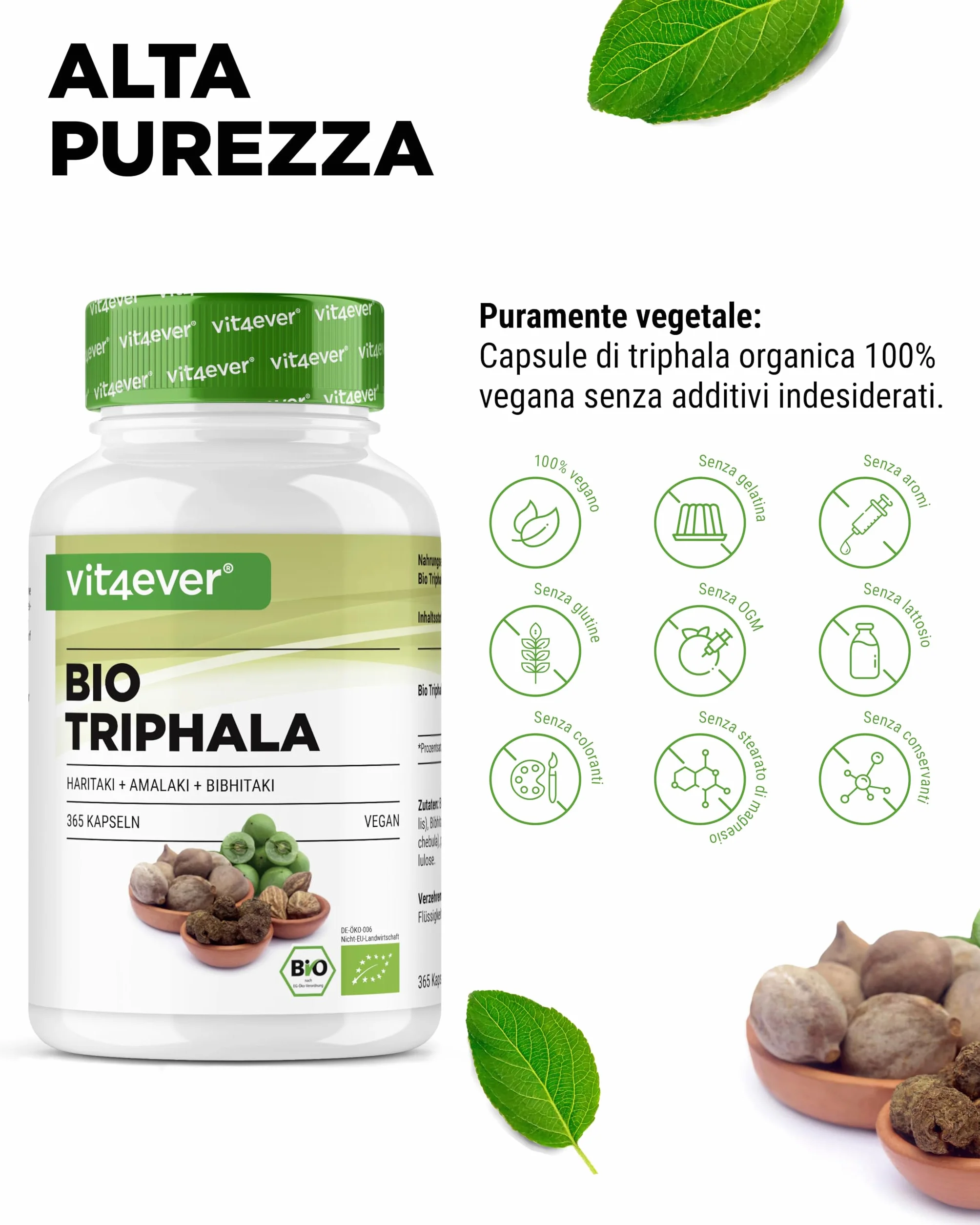 Triphala biologica - Alto dosaggio di 2000 mg (500 mg per capsula) - 365 capsule - Triphala in polvere dall'India: Haritaki, Amalaki, Bibhitaki - Senza additivi - Vegan
