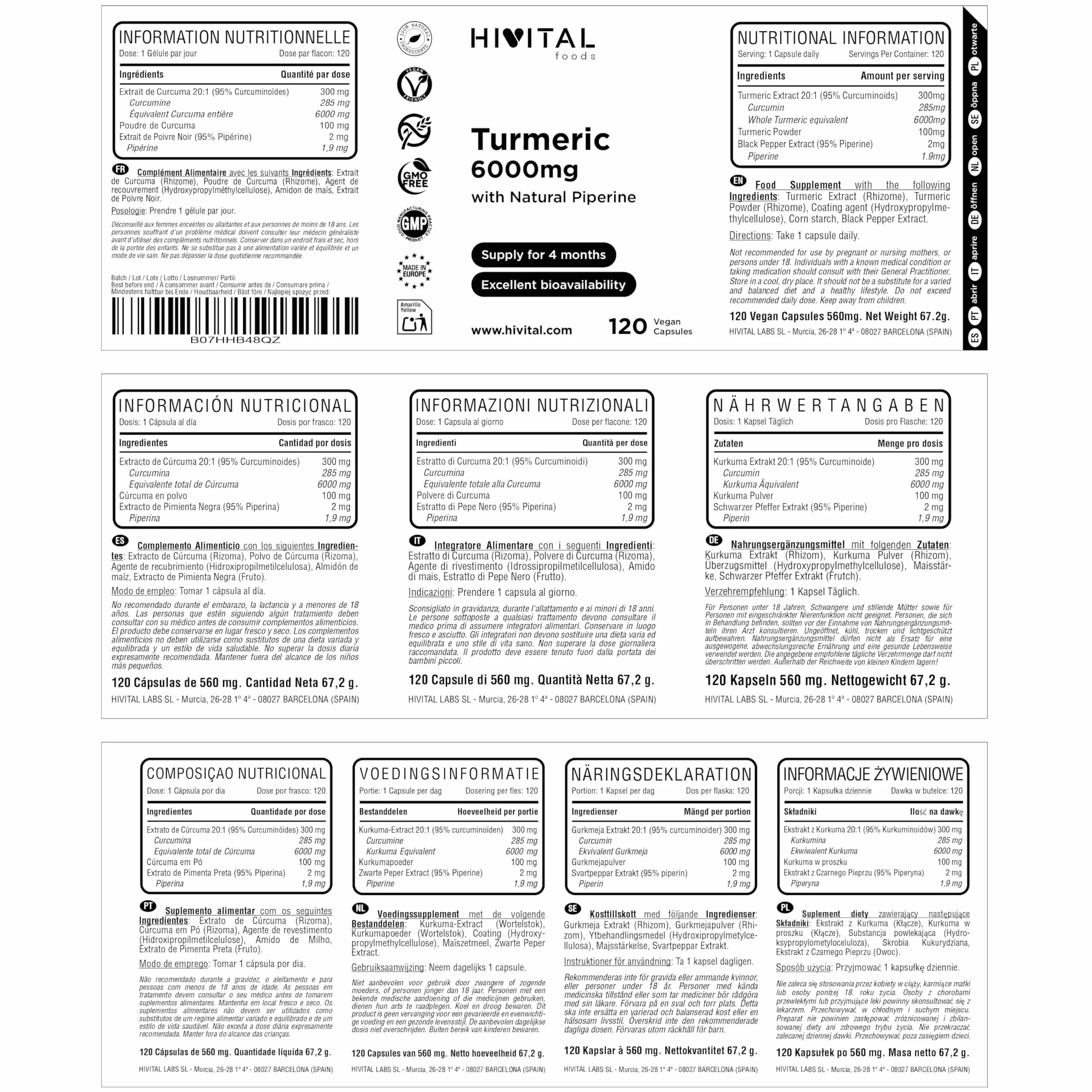 Curcuma 6000 mg 120 capsule vegane Estratto concentrato 95% Curcumina 285 mg Pepe Nero HIVITAL