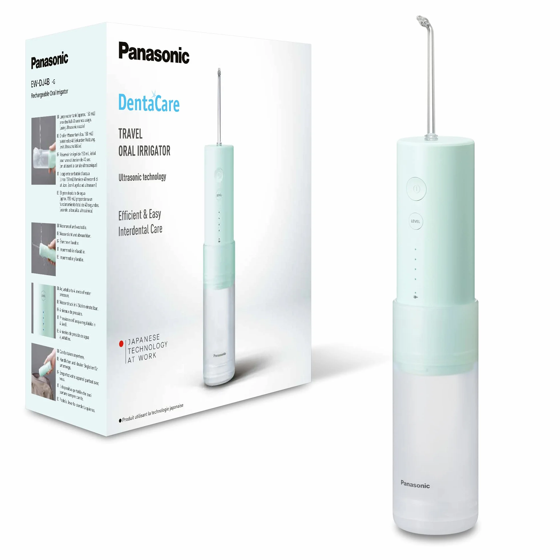 Panasonic EW-DJ4B-G503 Idropulsore, Irrigatore Orale,4 Impostazioni di Pressione dell'Acqua, Compatto e Portatile, Ultrasonica, Serbatoio 150 ml, Ricarica Rapida, Verde Menta e Bianco, 1.0 unità