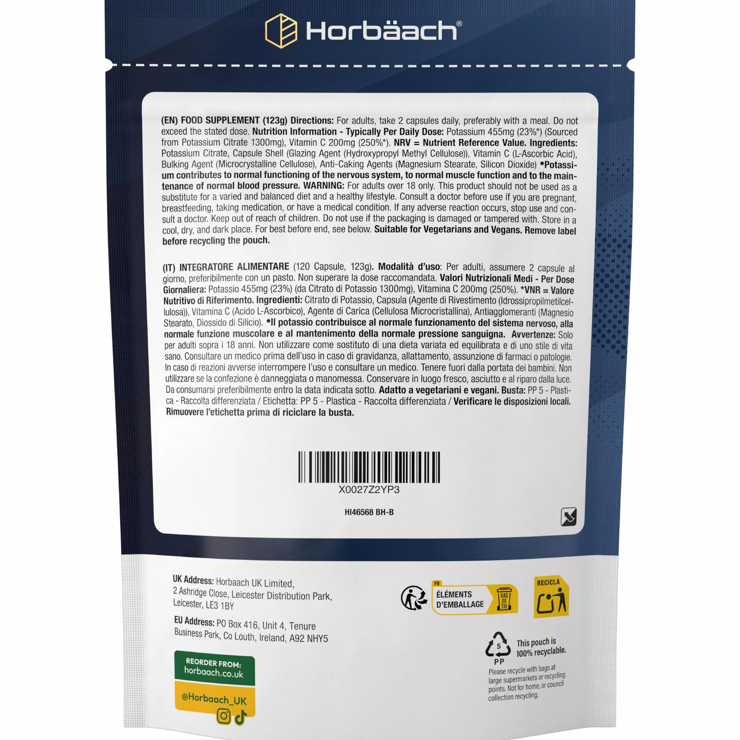 Citrato di Potassio con Vitamina C | 120 Compresse Vegane | 1500mg di Potassium Citrate | Aumento della massa muscolare e Elettroliti (EFSA) | Integratore di Potassio | Horbaach