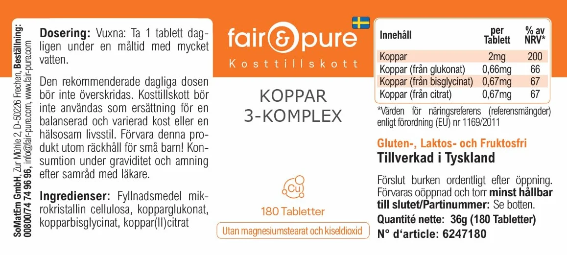 Fair & Pure Complesso di rame a 3 componenti, 180 compresse, 2 mg per compressa, facili da deglutire, integratore alimentare vegano senza additivi, prodotto in Germania