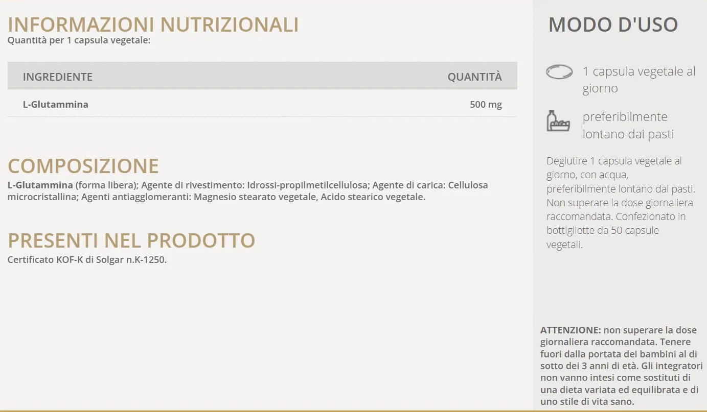 Solgar AMINO GLUTAMMINA 500, 50 capsule vegetali – L-Glutammina – supporto proteico