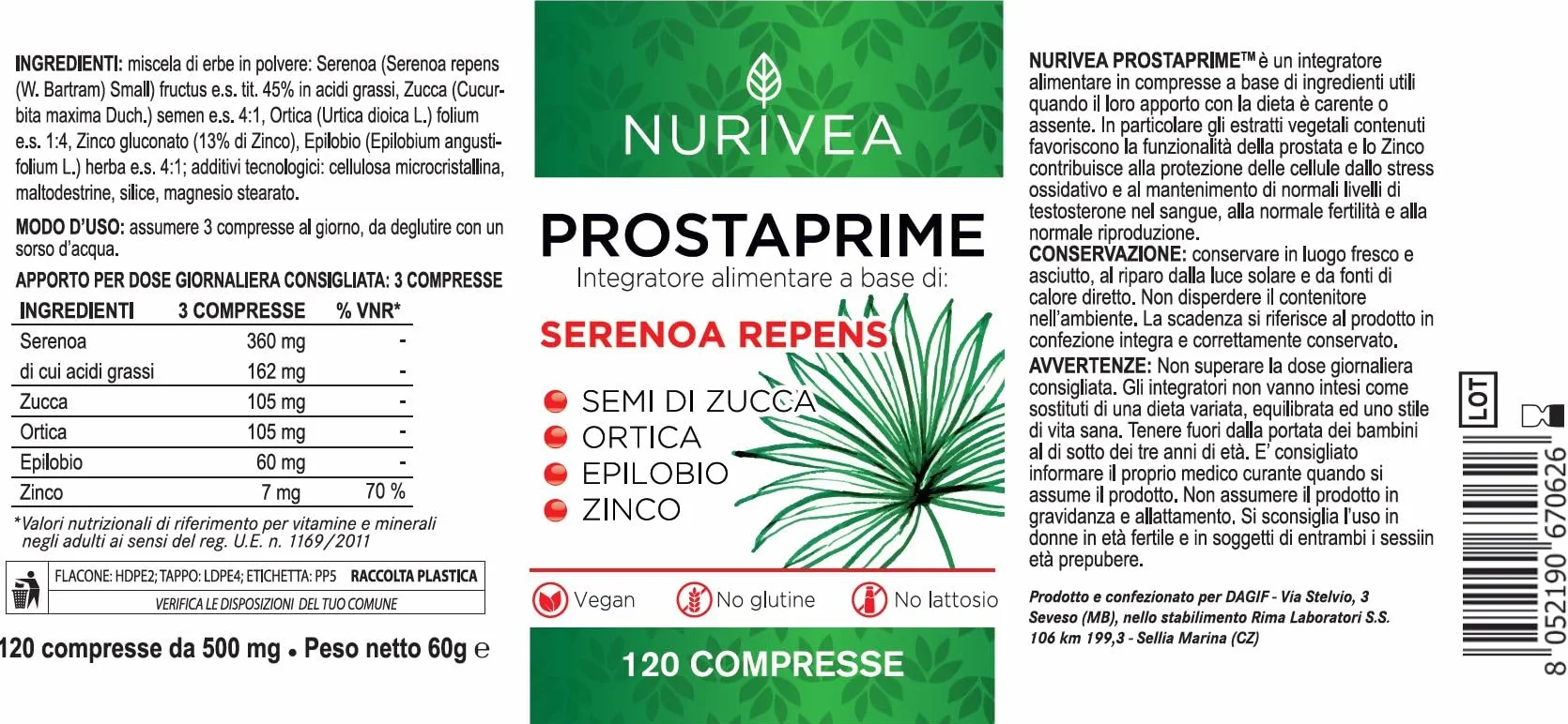 NURIVEA Serenoa Repens Saw Palmetto 360 Mg Integratore Prostata Zinco Ortica Epilobio Semi di Zucca 120 Compresse