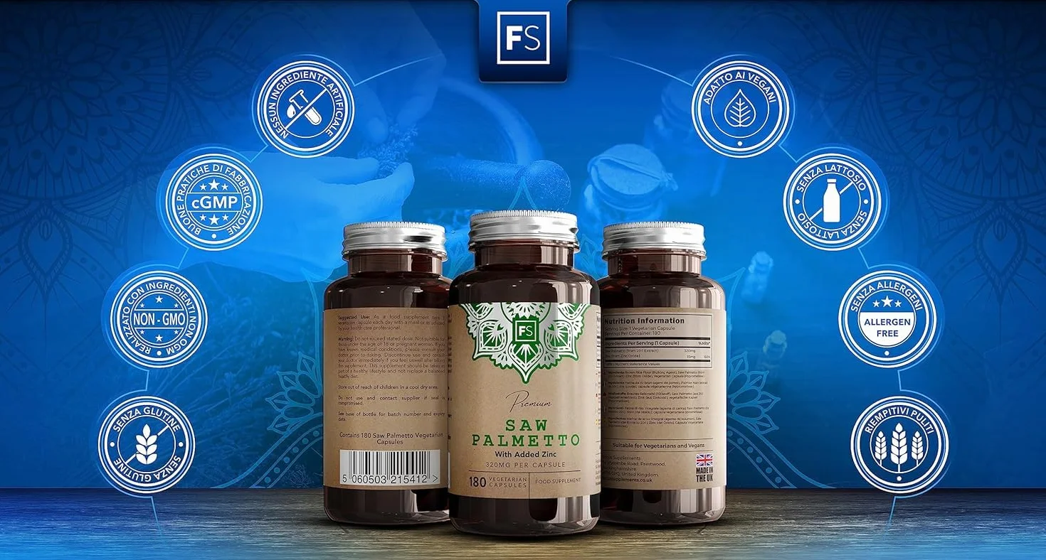 Saw Palmetto 180 Capsules 320mg with Zinc 15mg Prostate Support Non-OGM Gluten Free
