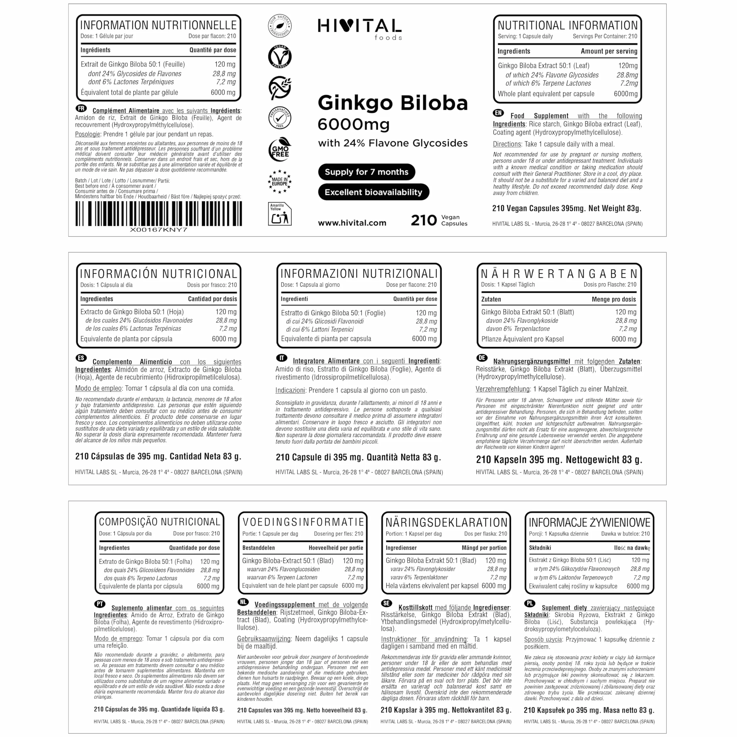 Ginkgo Biloba 6000 mg 210 capsule vegane estratto 50:1 24% flavonoidi 6% terpeni HIVITAL