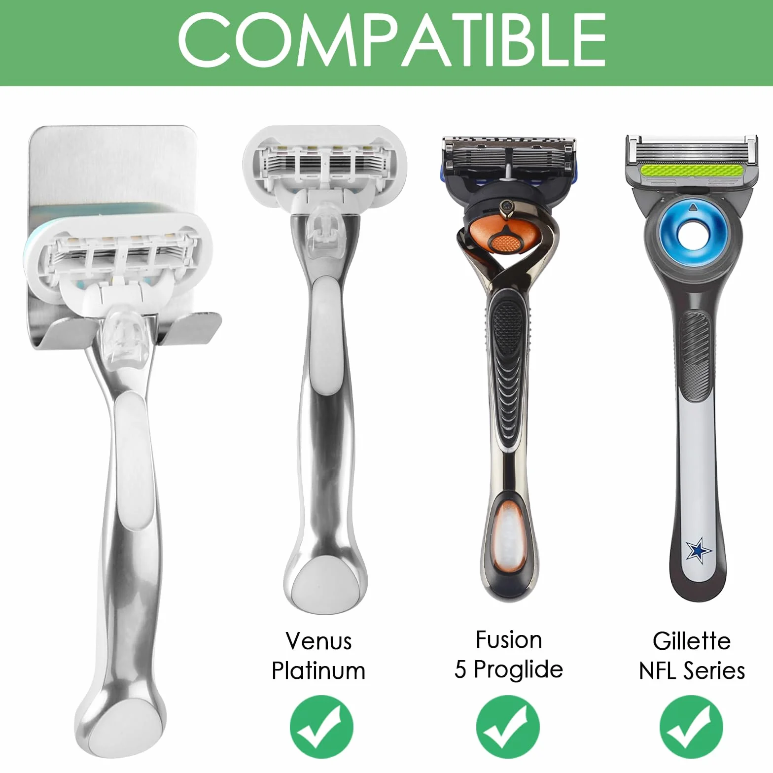 Linkidea - Confezione da 2 porta rasoio da doccia, gancio autoadesivo impermeabile in acciaio inox, senza fori, presa salda, compatibile con manici Gillette Venus e Fusion5 (argento)