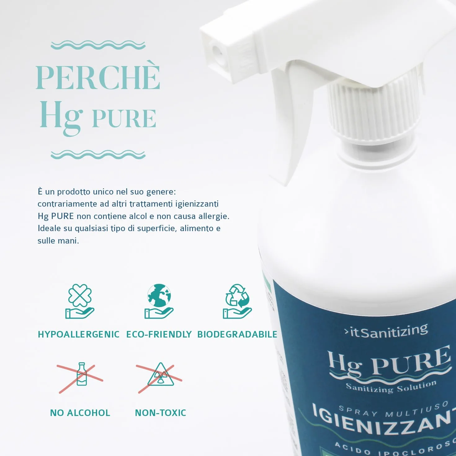 Hg PURE, Spray Igienizzante Multiuso, Acido Ipocloroso, Rimuove Virus e Batteri, Per Mani, Alimenti, Superfici, Naturale, Ipoallergenico, Eco-friendly, No alcool (2)