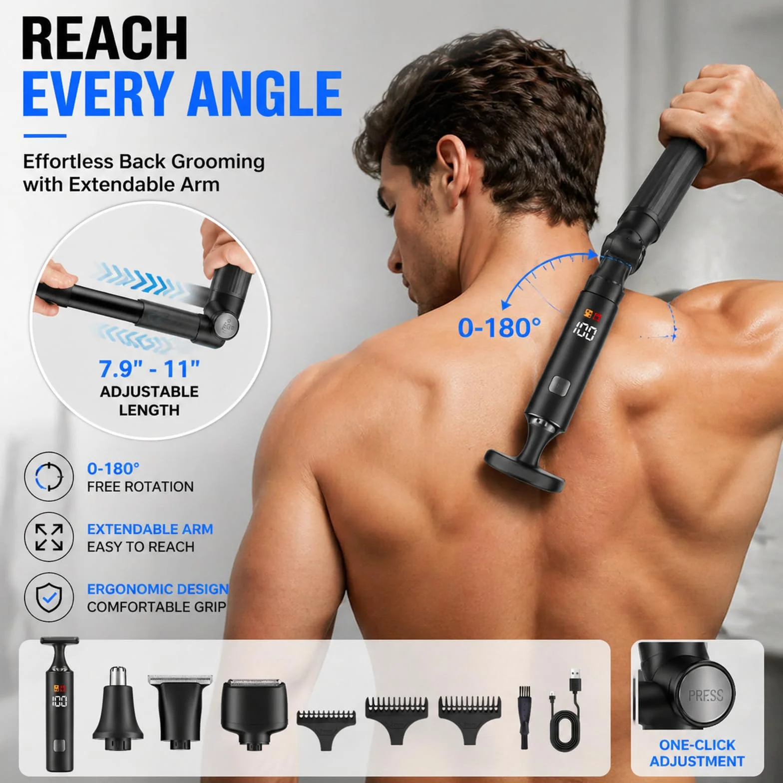 Rasoio Elettrico Per La Schiena Da Uomo, Depilatore Corpo Uomo Kit 5 In 1 Con Braccio Ausiliario Allungabile, per viso, Mento, Braccio, Schiena, Peli Pubici (A)