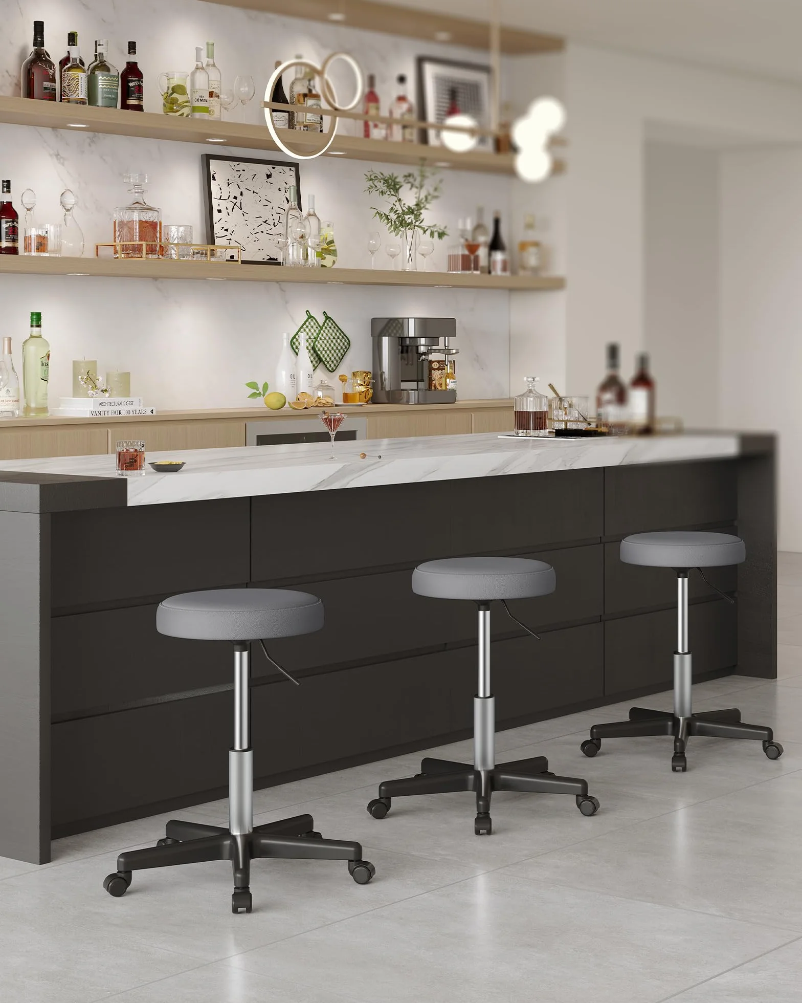 SONGMICS Sgabello Girevole con Ruote Altezza Regolabile 46-58 cm PU Grigio Tortora