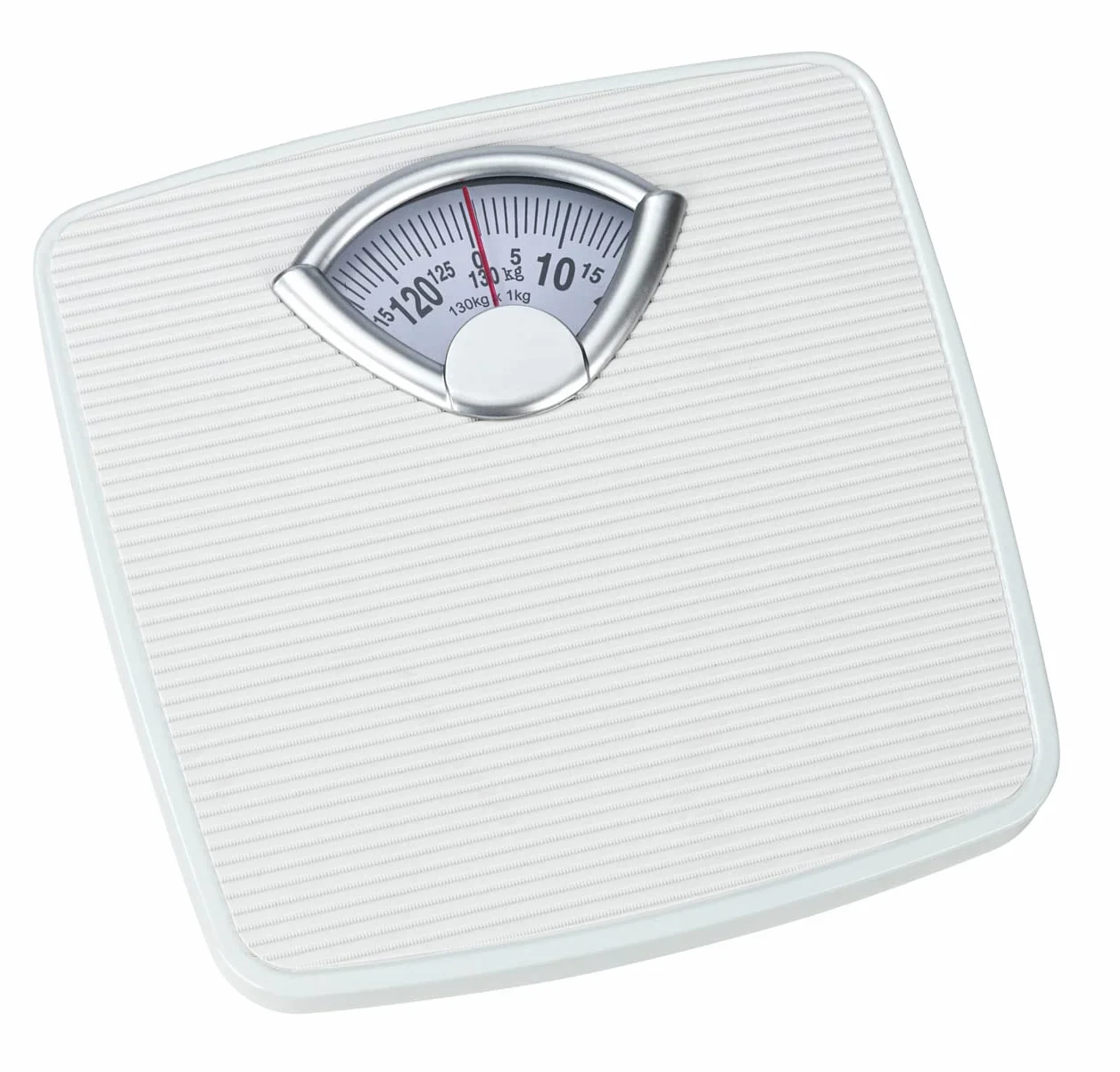 Bilancia meccanica, precisa e analogica WENKO con ampia scala e battistrada antiscivolo, campo di misura fino a 130 kg con incrementi di 1 kg, alloggiamento in metallo bianco, 27 x 4,5 x 26,5 cm