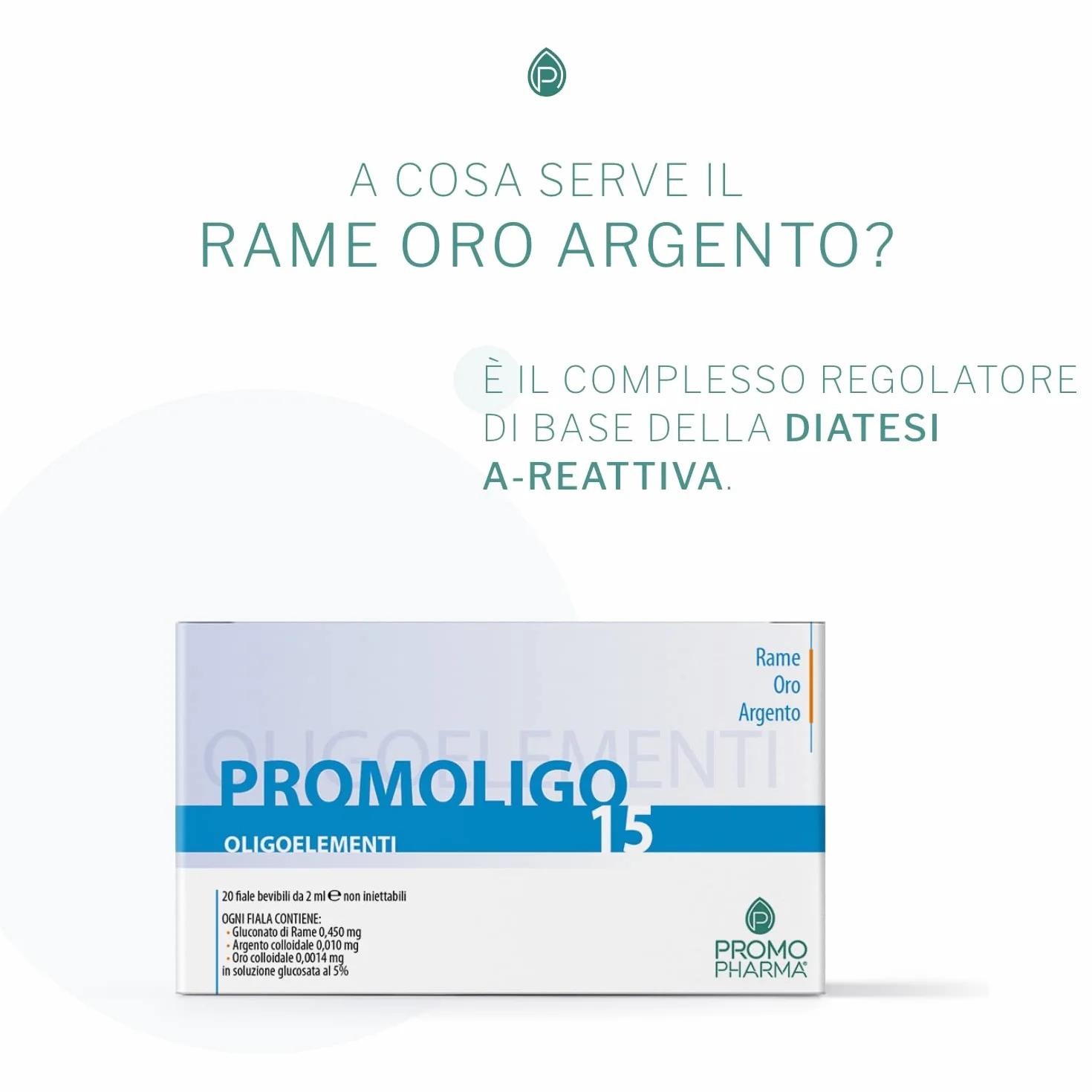 Promoligo 15 - Rame/Oro/Argento - Integratore Alimentare, Oligoelementi Essenziali - Rame, oro e argento - senza glutine - 20 fiale da 2 ml