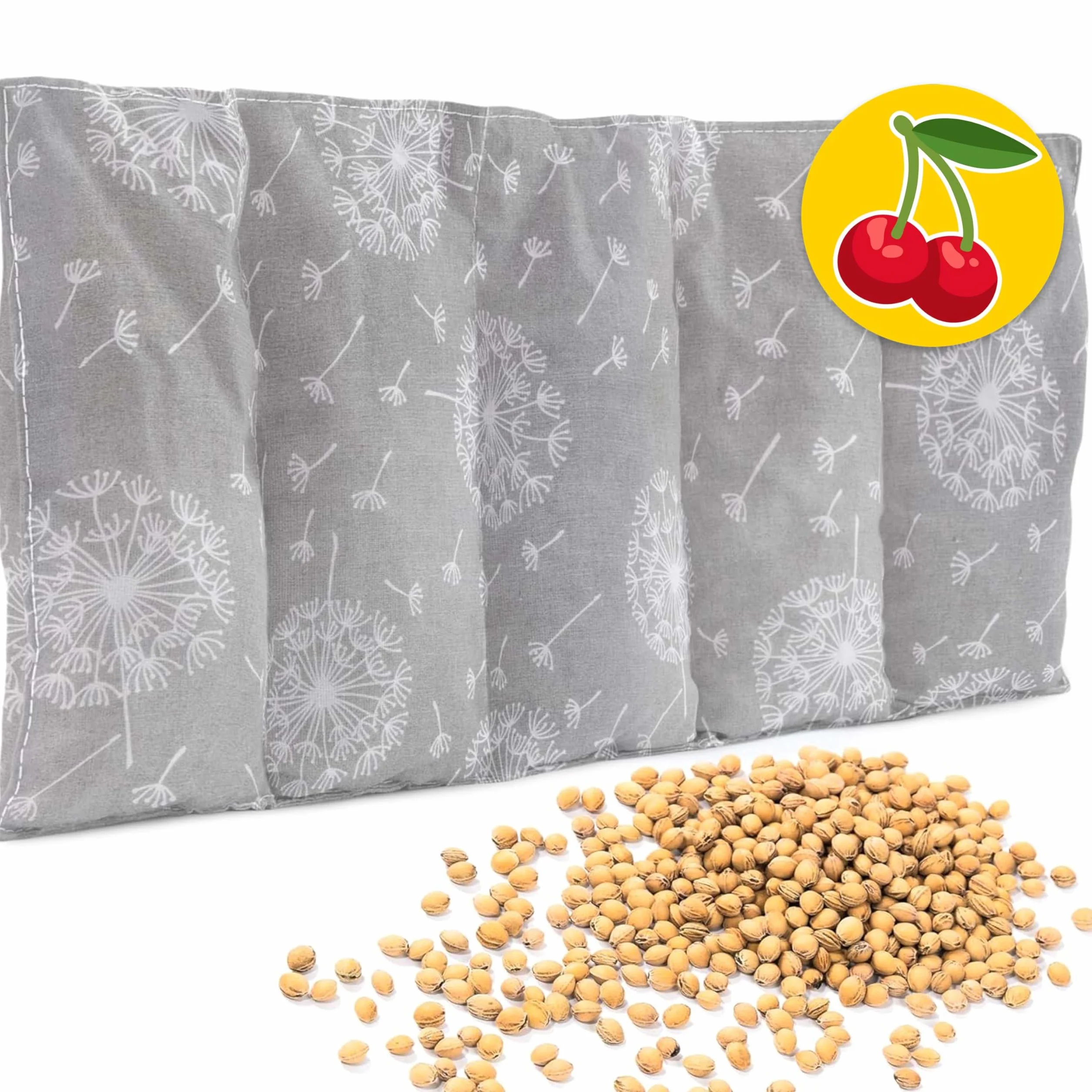 Amilian Cuscino con noccioli di ciliegia, forno a microonde, tessuto di cotone grigio con stelle bianche, cuscinetto termico riempito di ciliegia, dimensioni 55 x 20 cm