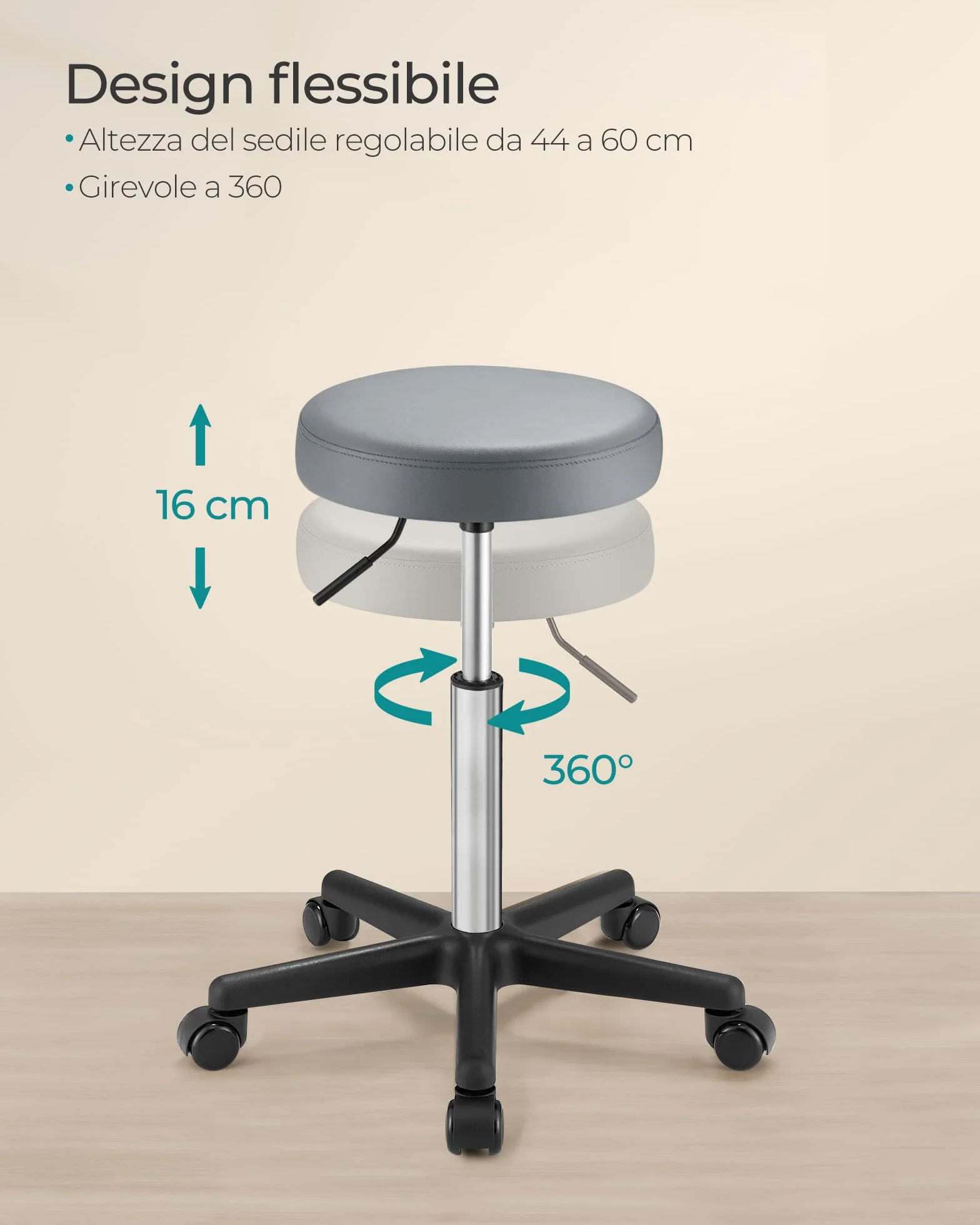 SONGMICS Sgabello Girevole con Ruote Altezza Regolabile 46-58 cm PU Grigio Tortora