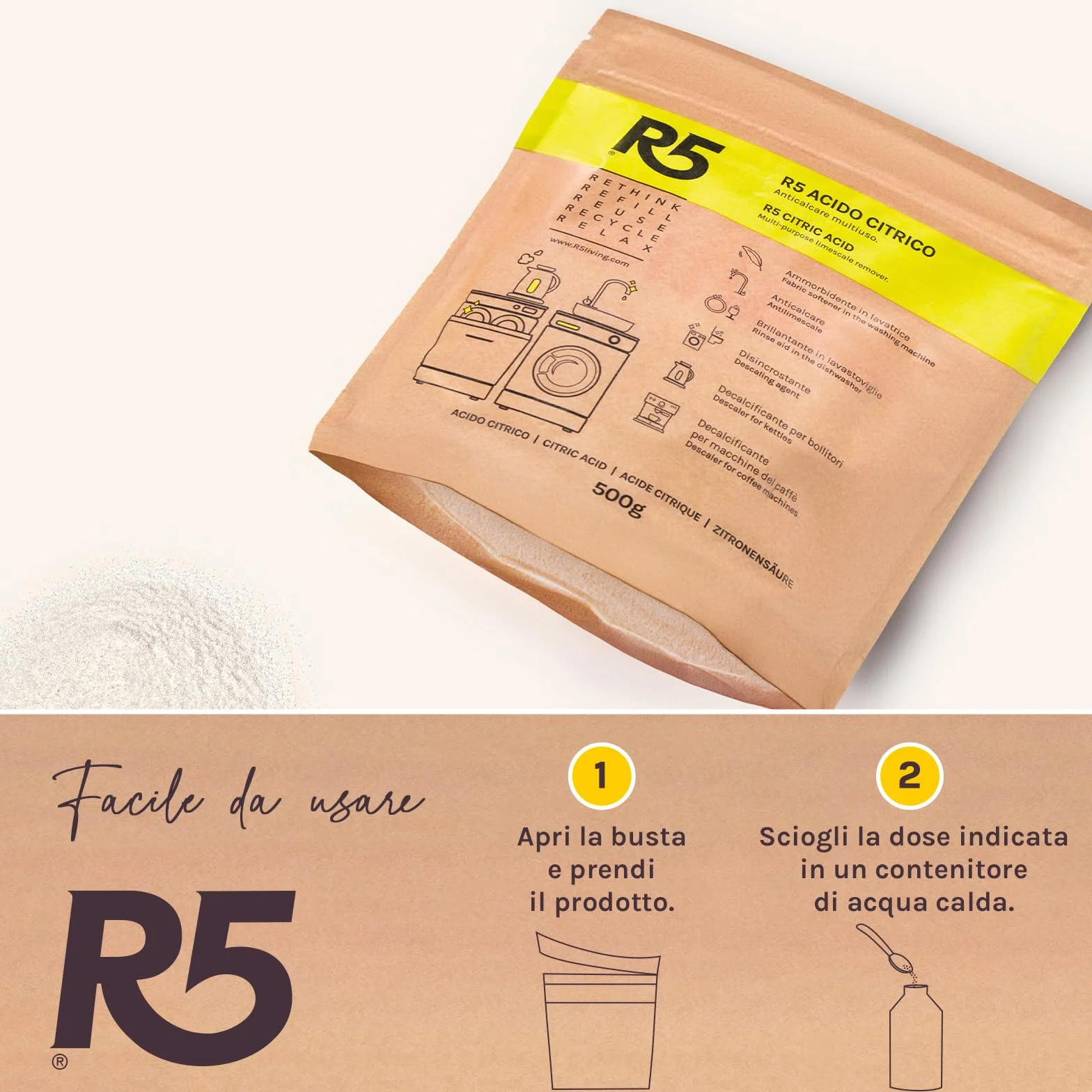Acido Citrico in Polvere 1Kg Anticalcare Multiuso Disincrostante Brillantante Ammorbidente Inodore