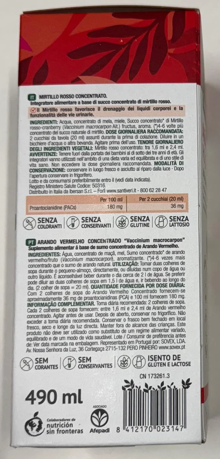 Mirtillo rosso concentrato Santiveri, 490 ml