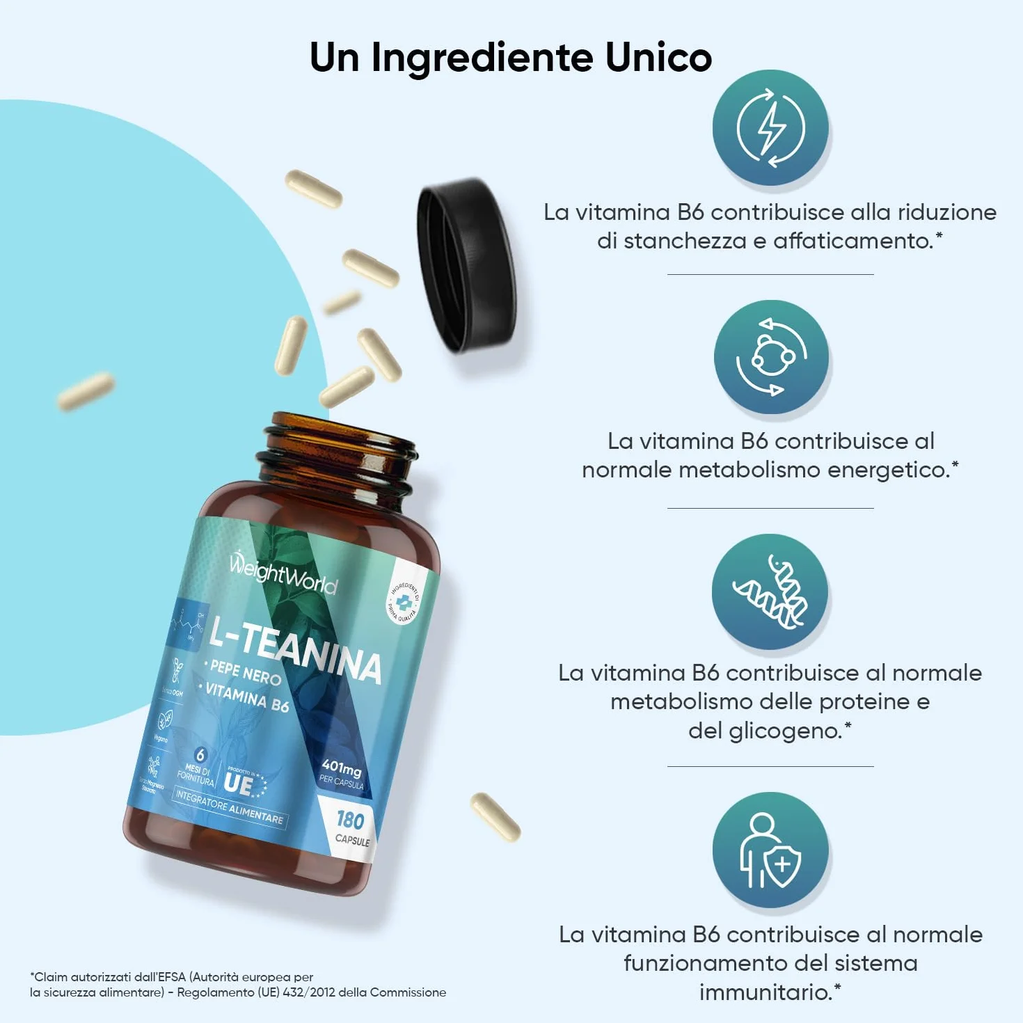 L Teanina 401mg, 180 Capsule Vegane, 1 al Giorno (6 Mesi di Scorta), L-Teanina Estratta dalla Camellia Sinensis con Pepe Nero e Vitamina B6, Aminoacido L Theanine da Tè Verde, Senza Magnesio Stearato