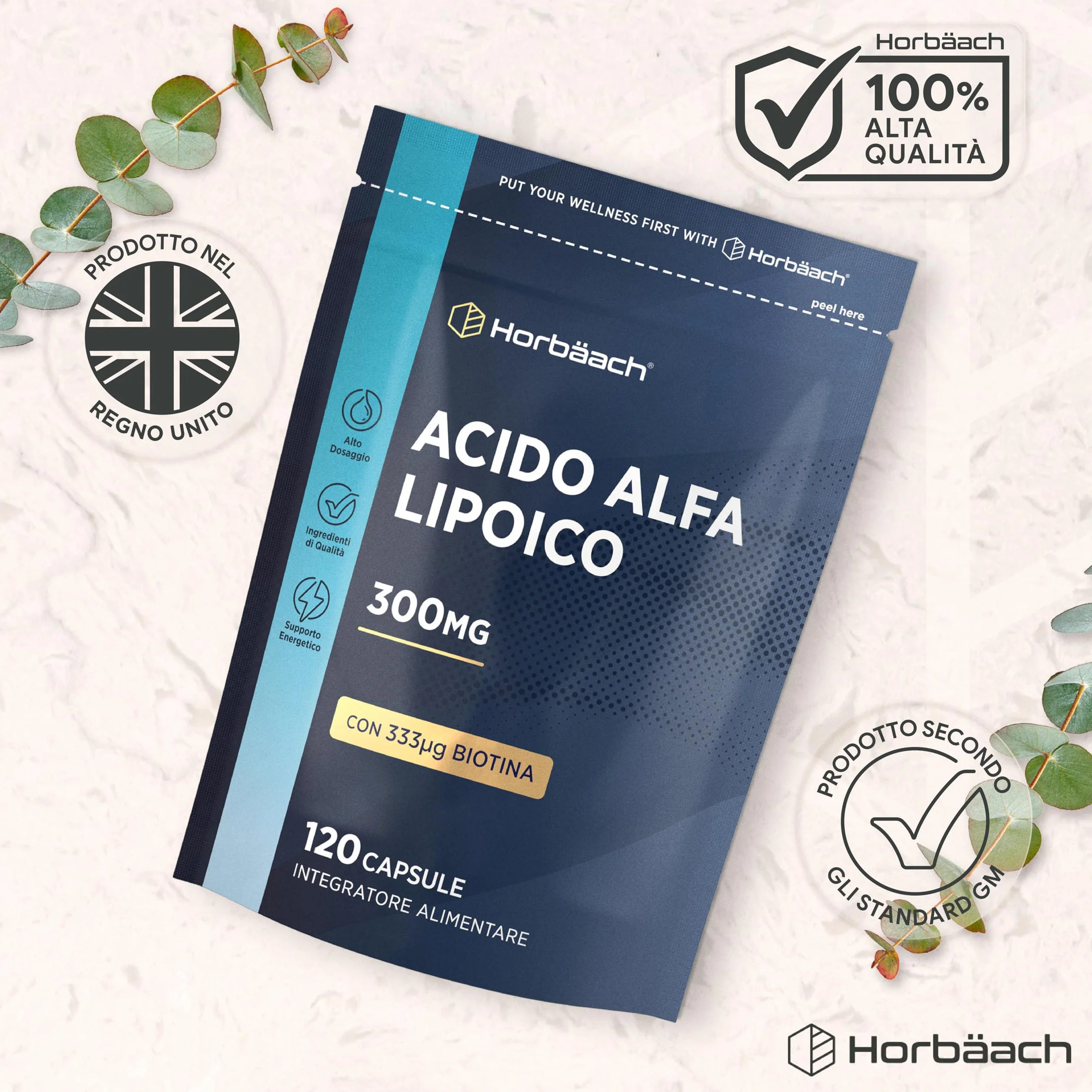 Horbaach Acido Alfa Lipoico 300ug Biotina 120 Capsule Alto Dosaggio Integratore Alimentare
