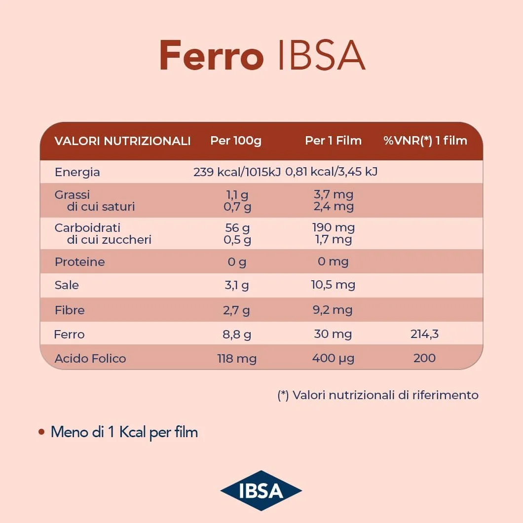 Ferro IBSA | 20 Film Orodispersibili. Integratore alimentare a base di Ferro e di Acido Folico che contribuiscono alla normale funzione del sistema immunitario e a ridurre stanchezza
