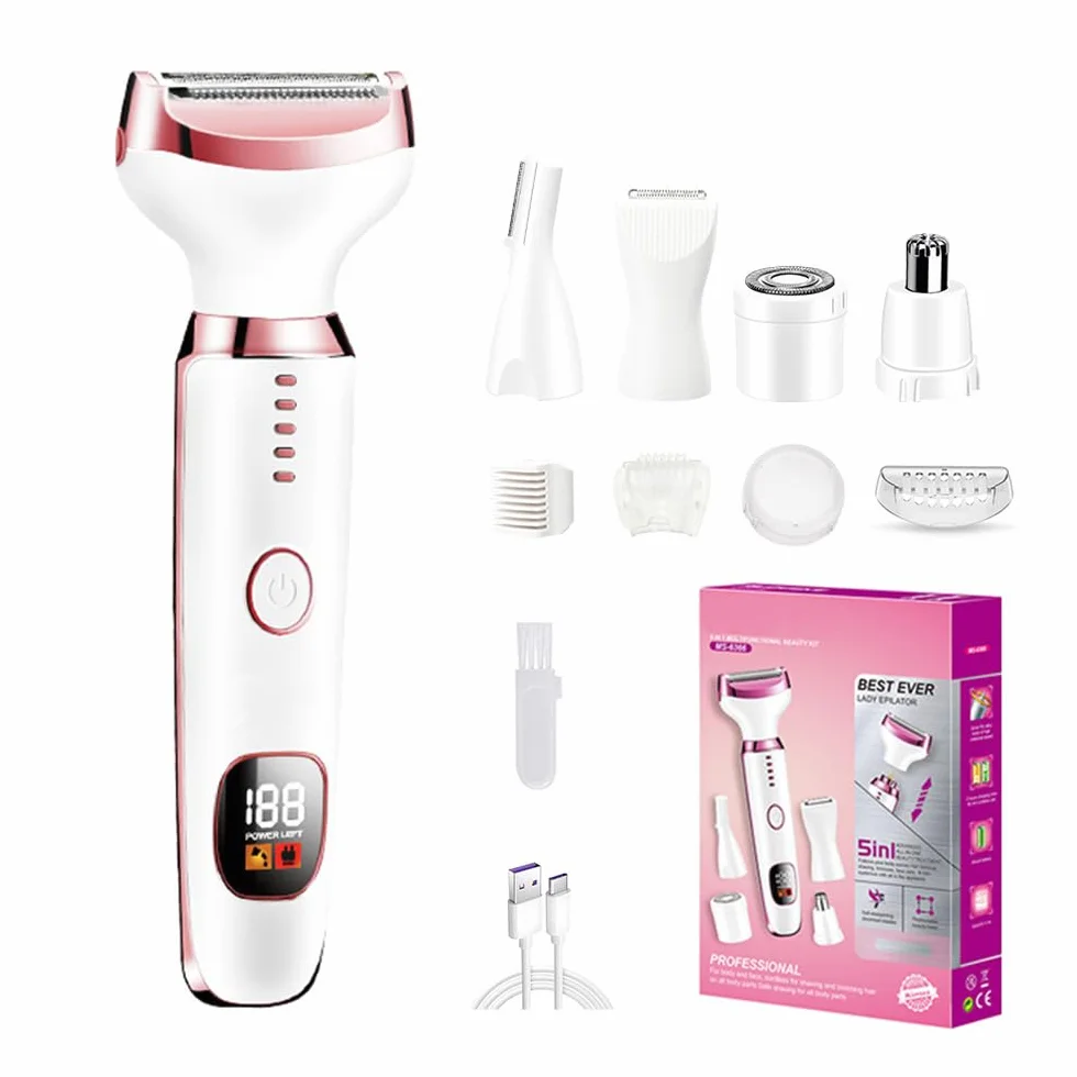 Rasoio Elettrico Donna, 5 in 1 Epilatore Viso Elettrico, Rasoio Parti Intime Donna, indolore Depilatore Elettrico Portatile per Corpo, Le Ascelle,La Linea Del Bikini,Le Sopracciglia e Il Peli Naso