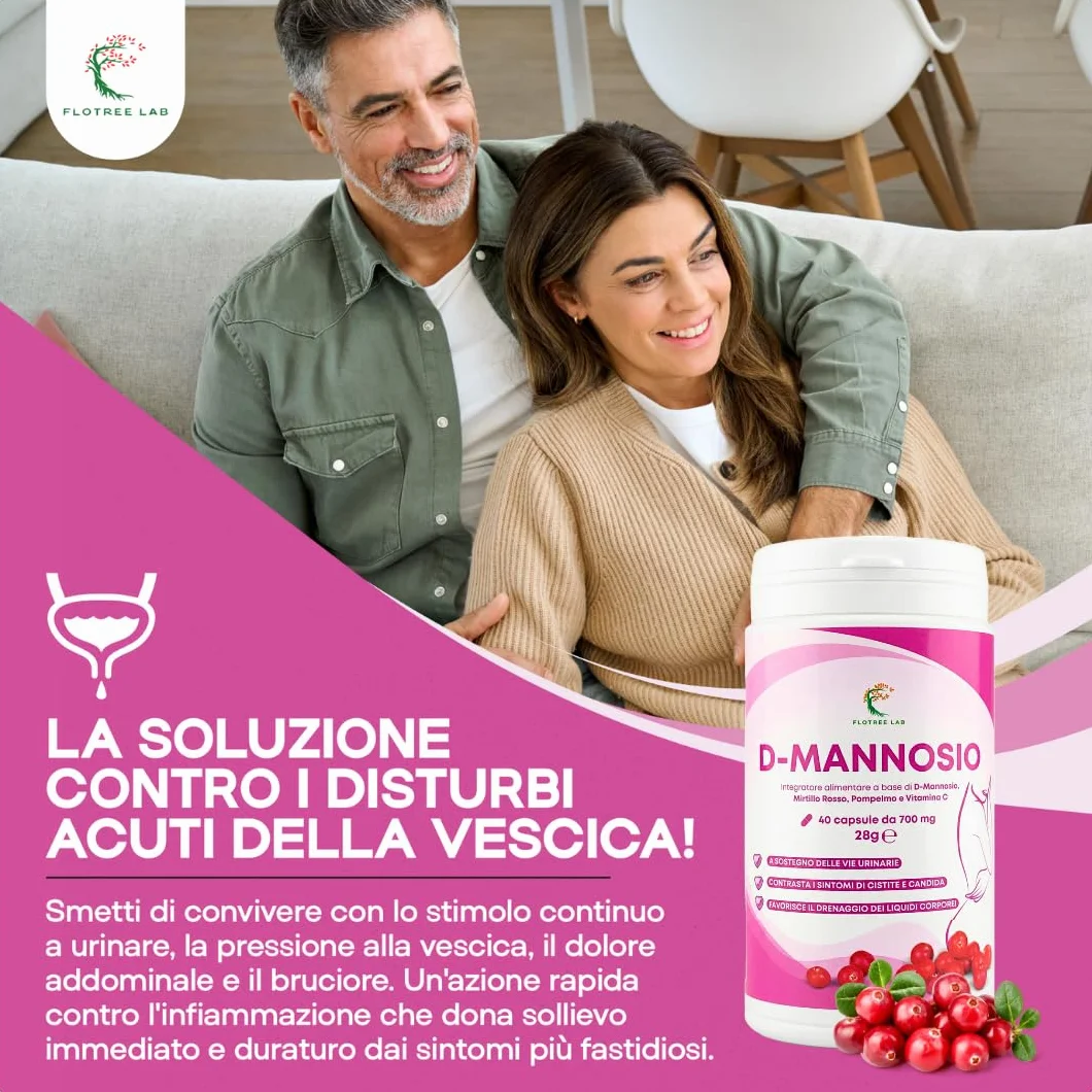 FloTree Lab® D Mannosio Cistite con Cranberry, Pompelmo e Vitamina C, 2000 mg, Integratore Vie Urinarie, 40 Capsule
