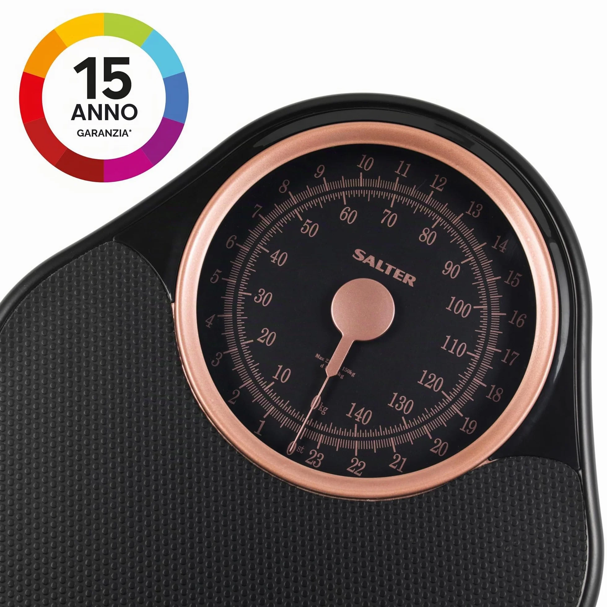 Salter 145 RGFEU16 Bilancia meccanica Doctor Style - capacità massima 150 Kg, quadrante di facile lettura con puntatore rotante, ampia piattaforma con tappetino in vinile, senza batteria, oro rosa
